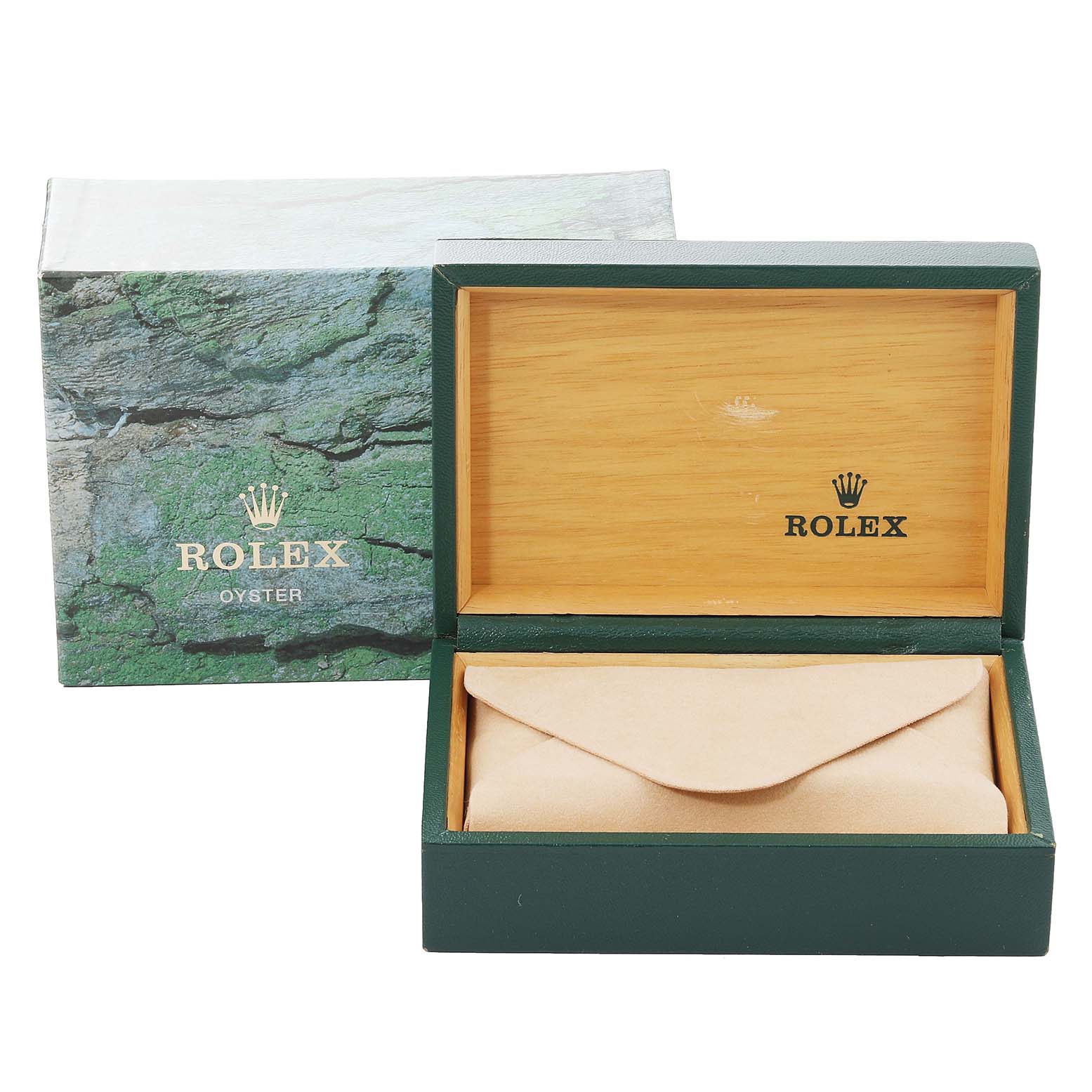 The image shows an open wooden Rolex box and its outer green sleeve, intended for a Rolex Datejust 16233 Men's Steel and Gold (two tone) White Dial 16233 Men's Steel and Gold (two tone) White Dial model watch.
