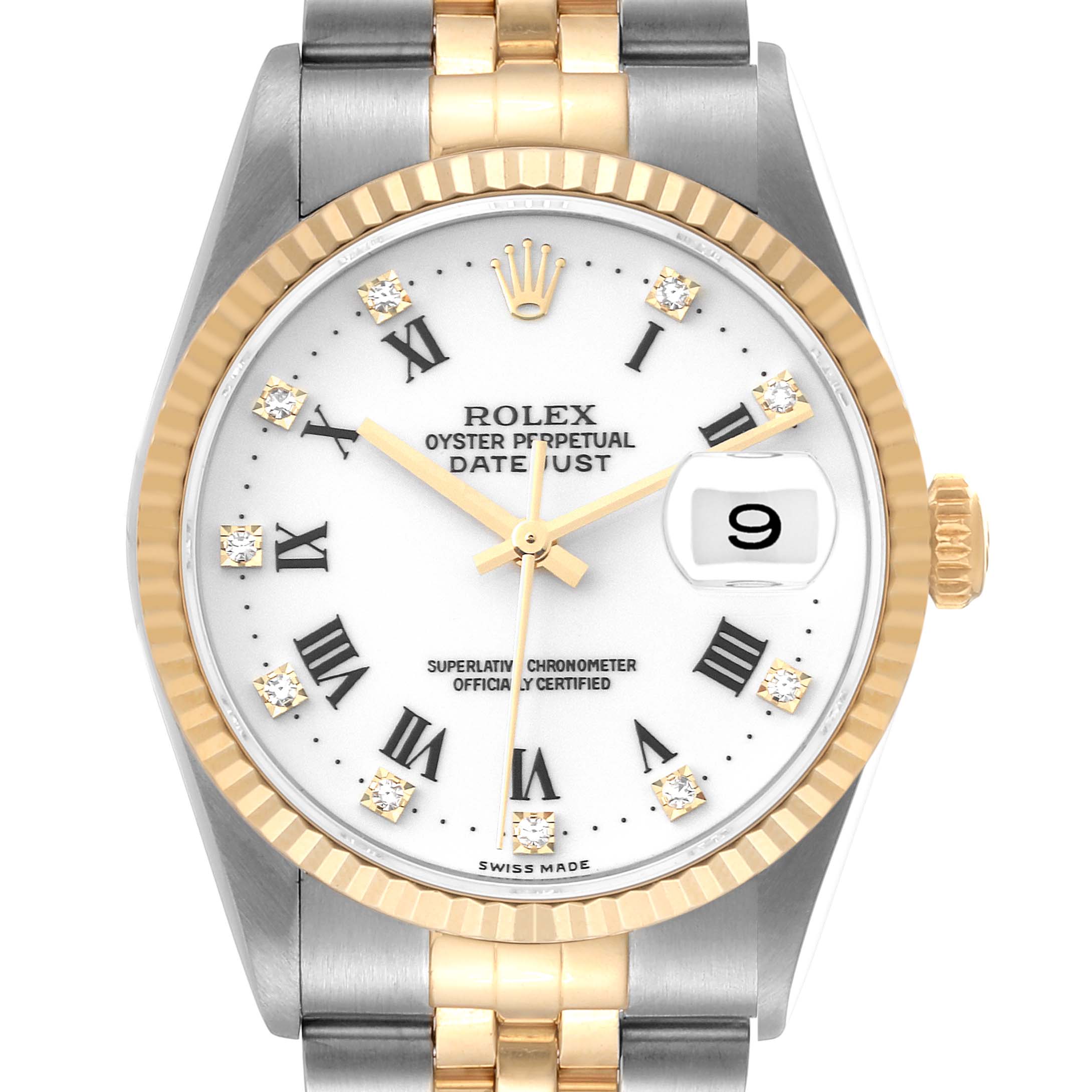 This Rolex Datejust 16233 Men's Steel and Gold (two tone) White Dial 16233 Men's Steel and Gold (two tone) White Dial watch is shown from a front angle, highlighting its face, Roman numeral markers, cyclops date window, and two-tone bracelet.