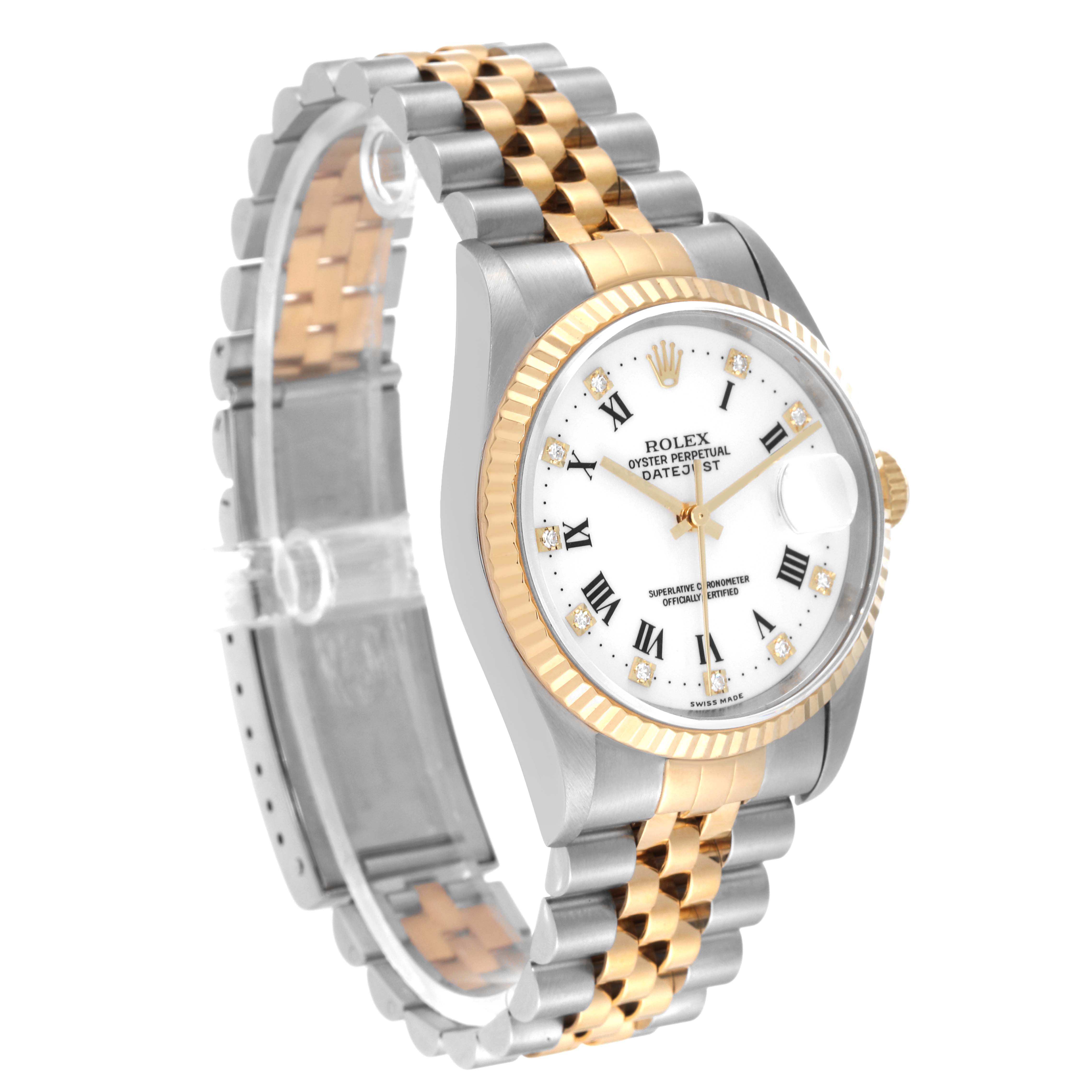 This Rolex Datejust 16233 Men's Steel and Gold (two tone) White Dial 16233 Men's Steel and Gold (two tone) White Dial model is shown in a three-quarter view highlighting its bezel, dial, crown, and the Jubilee bracelet.