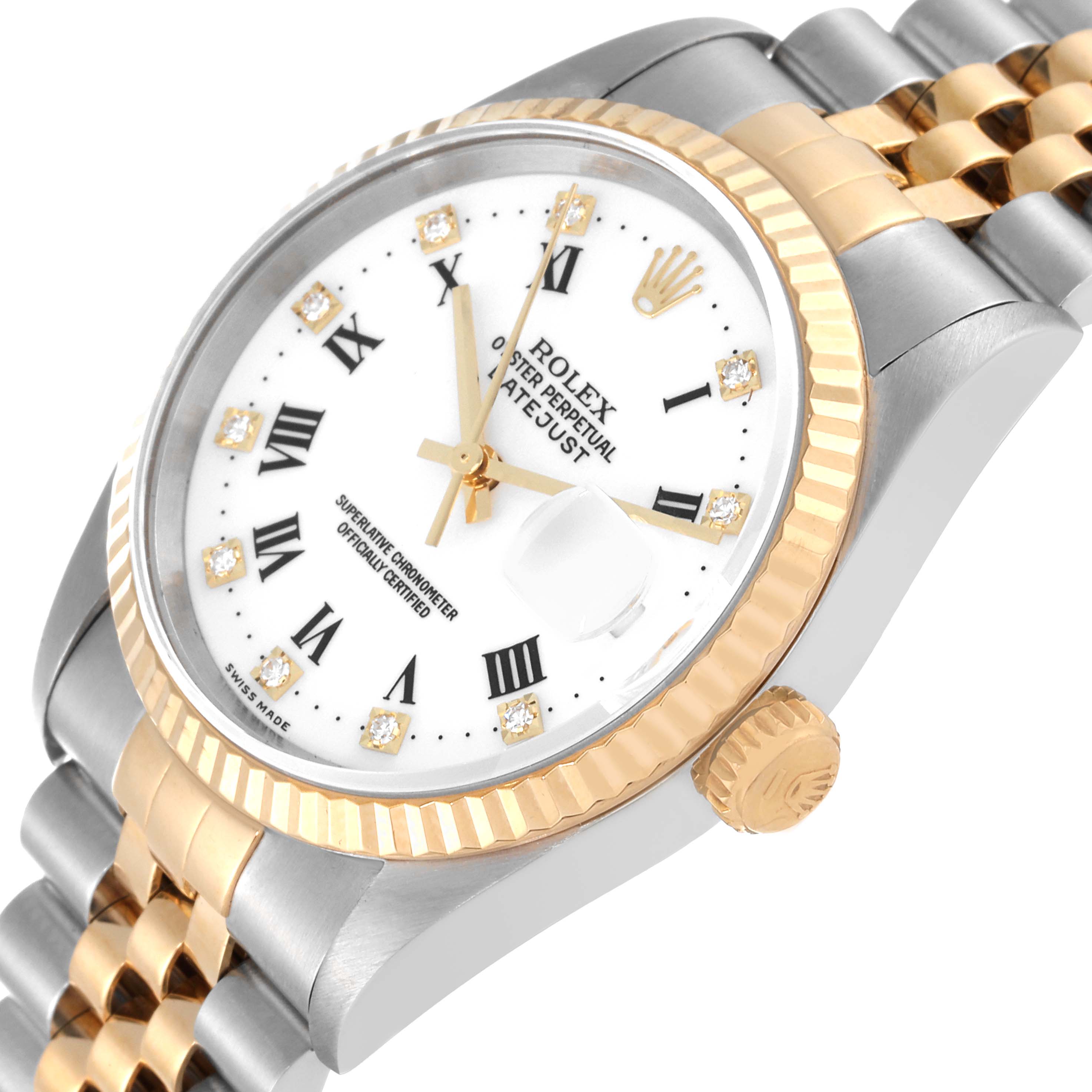 This is a close-up side angle of a Rolex Datejust 16233 Men's Steel and Gold (two tone) White Dial 16233 Men's Steel and Gold (two tone) White Dial watch, showing the face, bezel, and partial bracelet.