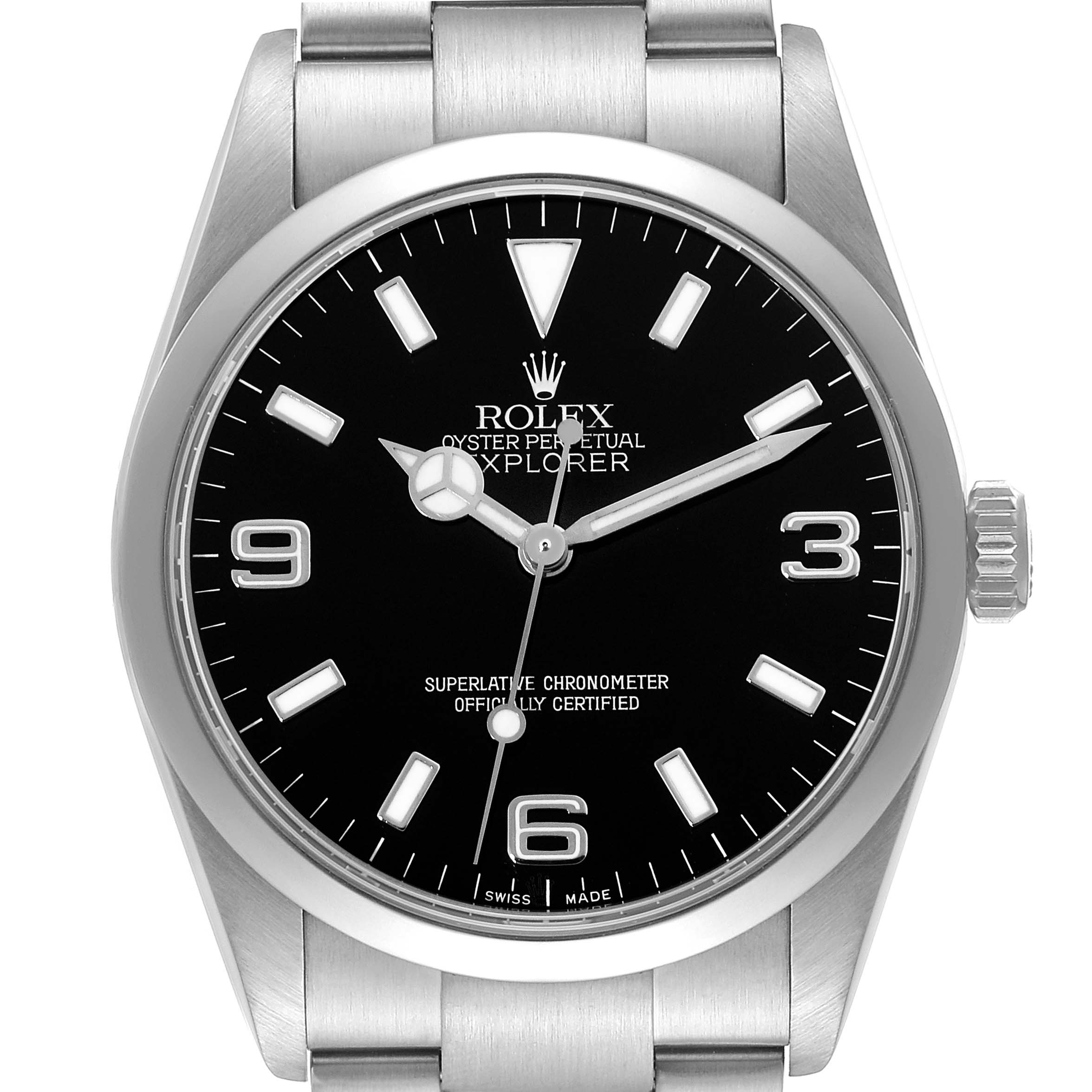 This is a front view of the Rolex Explorer 114270 Men
s Stainless Steel Black Dial 114270 Men
s Stainless Steel Black Dial watch, showing the dial, hands, crown, and part of the bracelet.