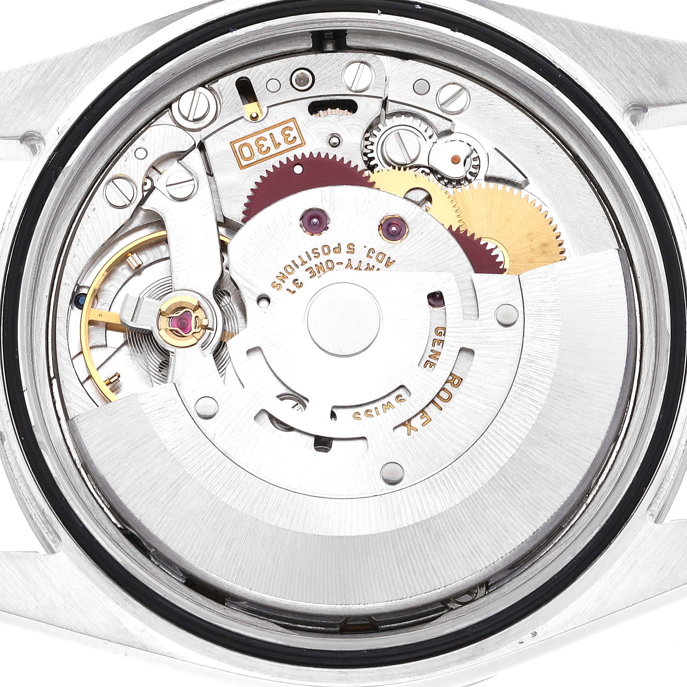 This is an image of the internal mechanism of a Rolex Explorer 114270 Men
s Stainless Steel Black Dial 114270 Men
s Stainless Steel Black Dial watch, shown from a top-down angle, revealing its intricate components.