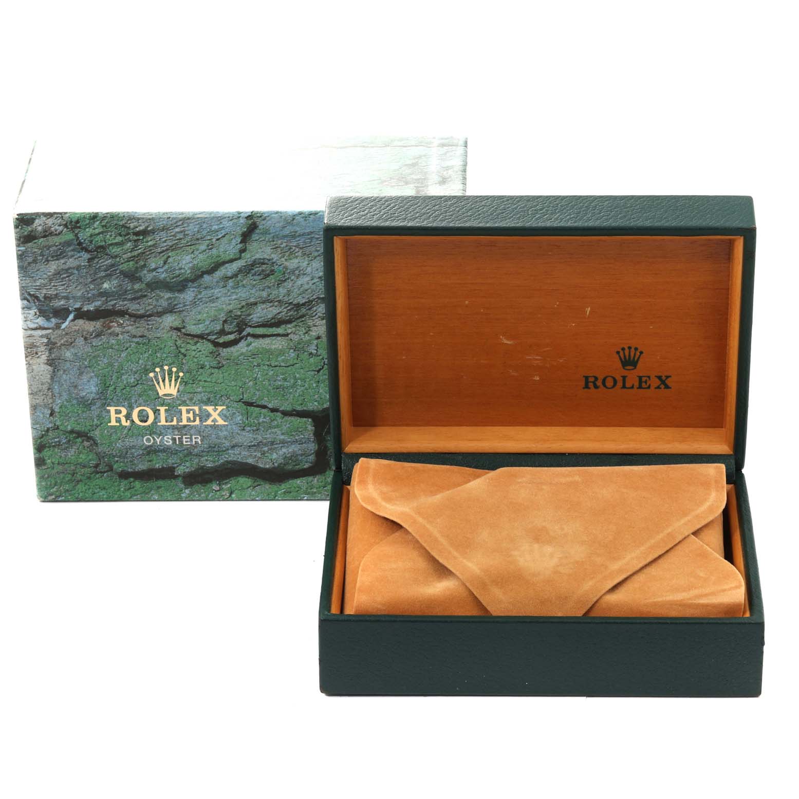 The image shows an open Rolex Explorer 114270 Men
s Stainless Steel Black Dial 114270 Men
s Stainless Steel Black Dial watch box with a suede cloth inside, and the outer packaging box in the background.