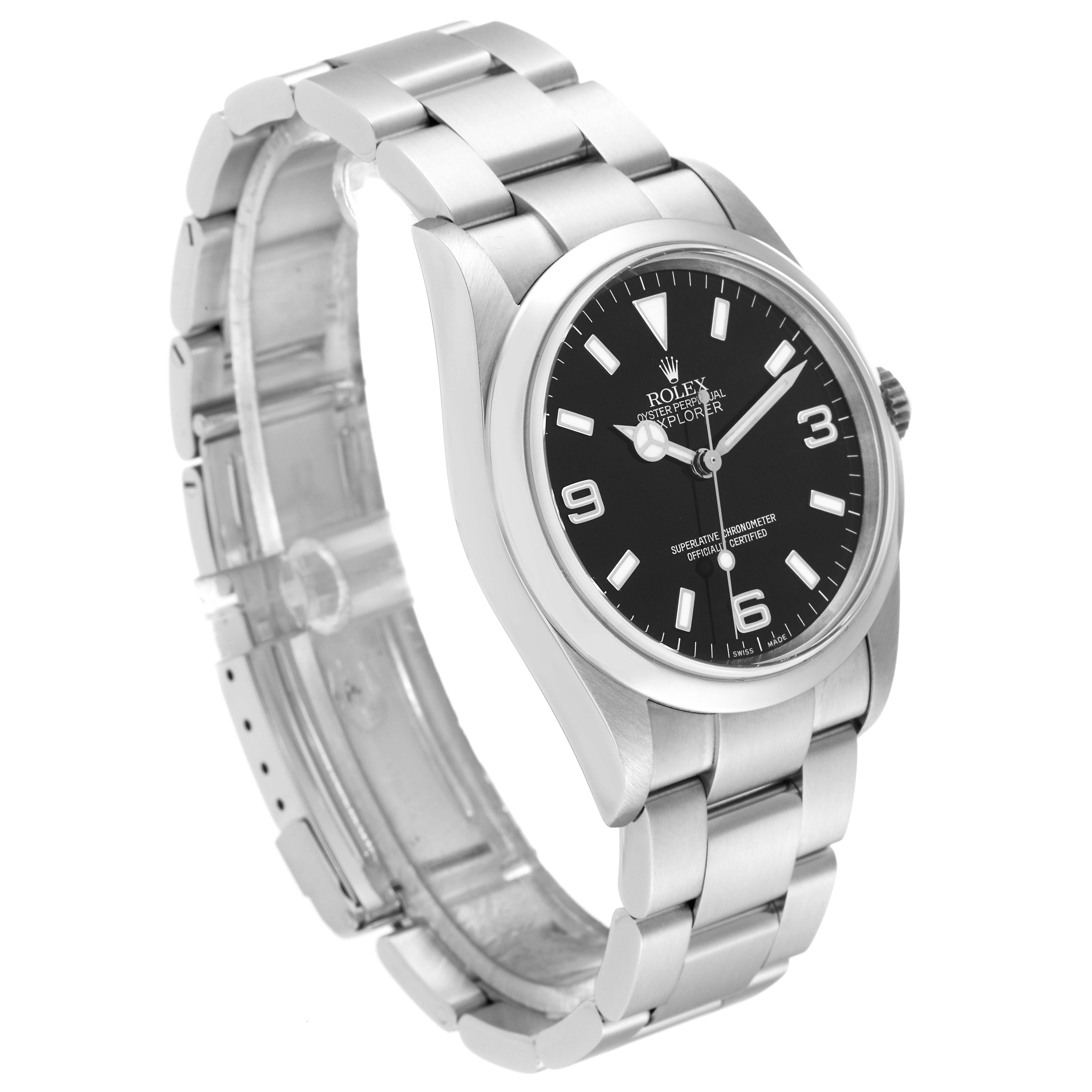 The Rolex Explorer 114270 Men
s Stainless Steel Black Dial 114270 Men
s Stainless Steel Black Dial watch is displayed at a three-quarter angle, showcasing its dial, bezel, case, and bracelet.