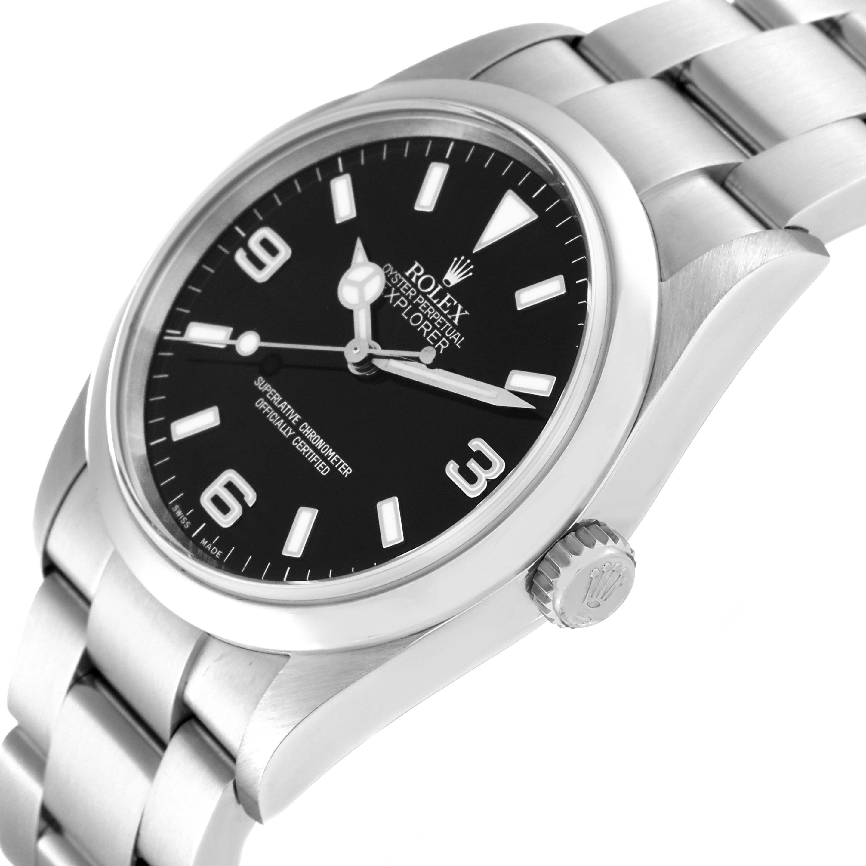This image shows a Rolex Explorer 114270 Men
s Stainless Steel Black Dial 114270 Men
s Stainless Steel Black Dial watch at an angle, highlighting the dial, bezel, crown, and part of the bracelet.