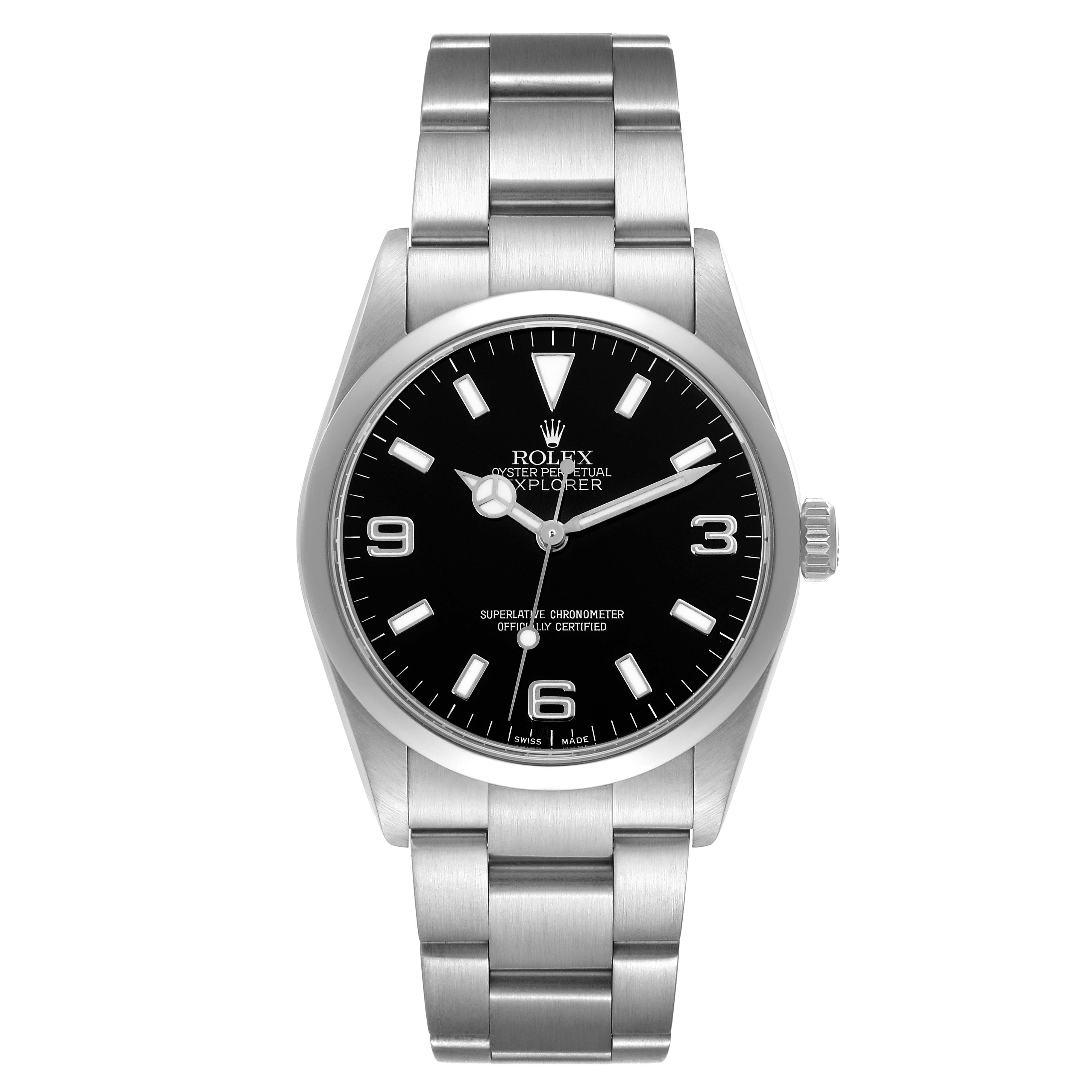 The image shows a front view of the Rolex Explorer 114270 Men
s Stainless Steel Black Dial 114270 Men
s Stainless Steel Black Dial watch, highlighting the black dial, bezel, hour markers, and stainless-steel bracelet.