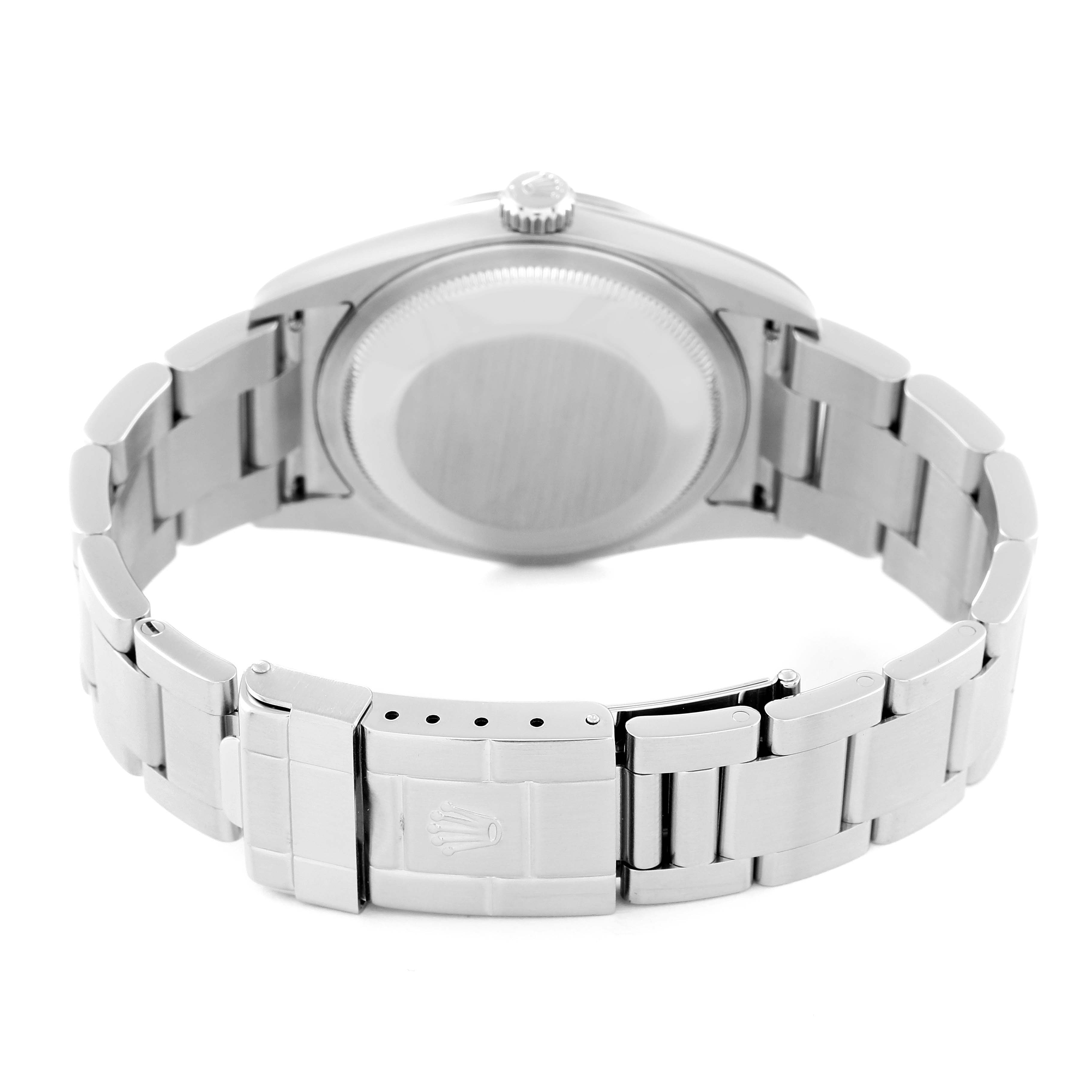 The image shows the back and clasp of the Rolex Explorer 114270 Men
s Stainless Steel Black Dial 114270 Men
s Stainless Steel Black Dial model watch, highlighting its bracelet and case back.