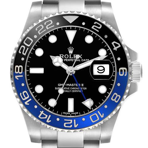 The Rolex GMT-Master 116710BLNR Men's Stainless Steel Black Dial watch is shown from the front, highlighting the dial, bezel, and part of the bracelet.