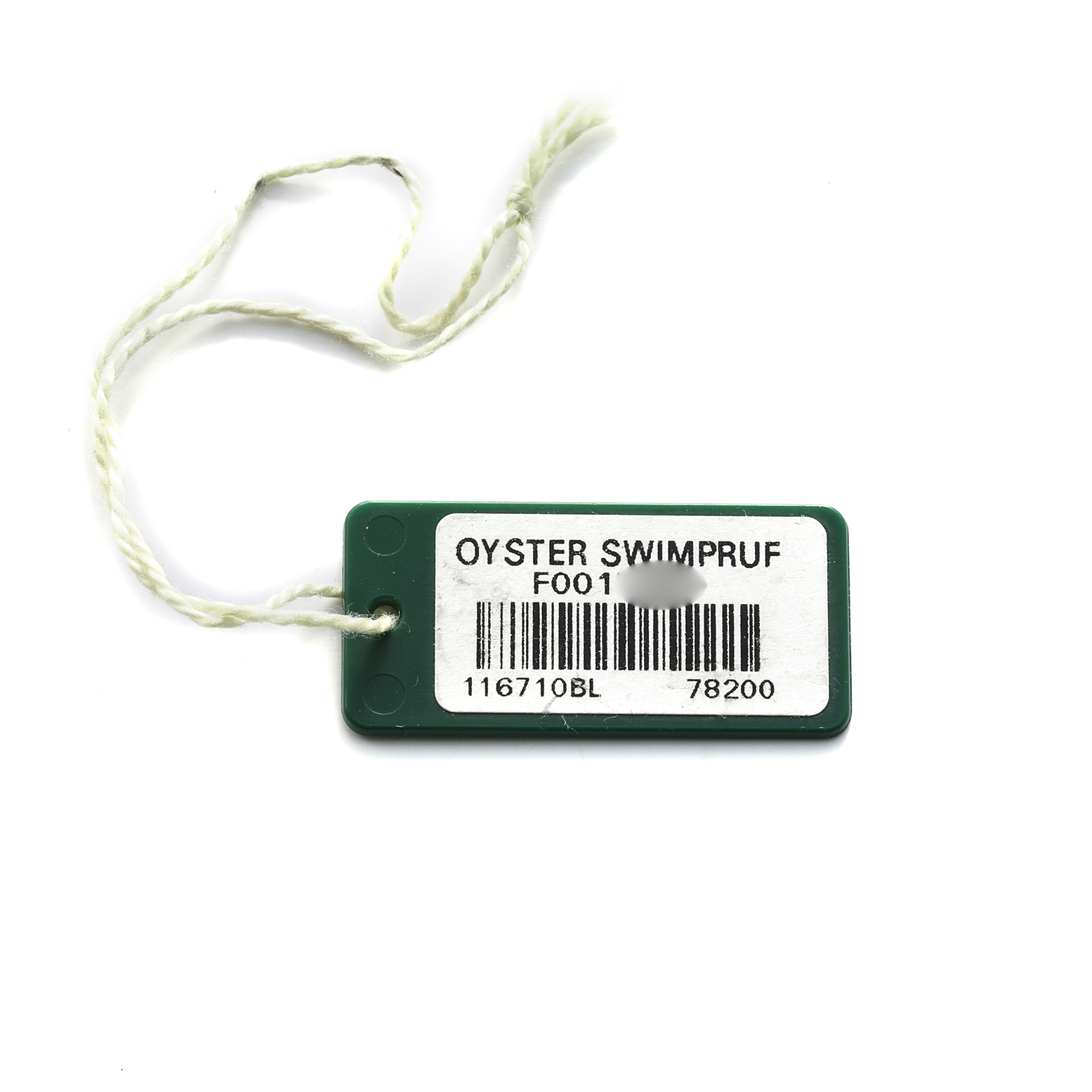 The image shows a green Oyster Swimpruf tag for a Rolex GMT-Master 116710BLNR Men's Stainless Steel Black Dial, featuring a barcode and model numbers.