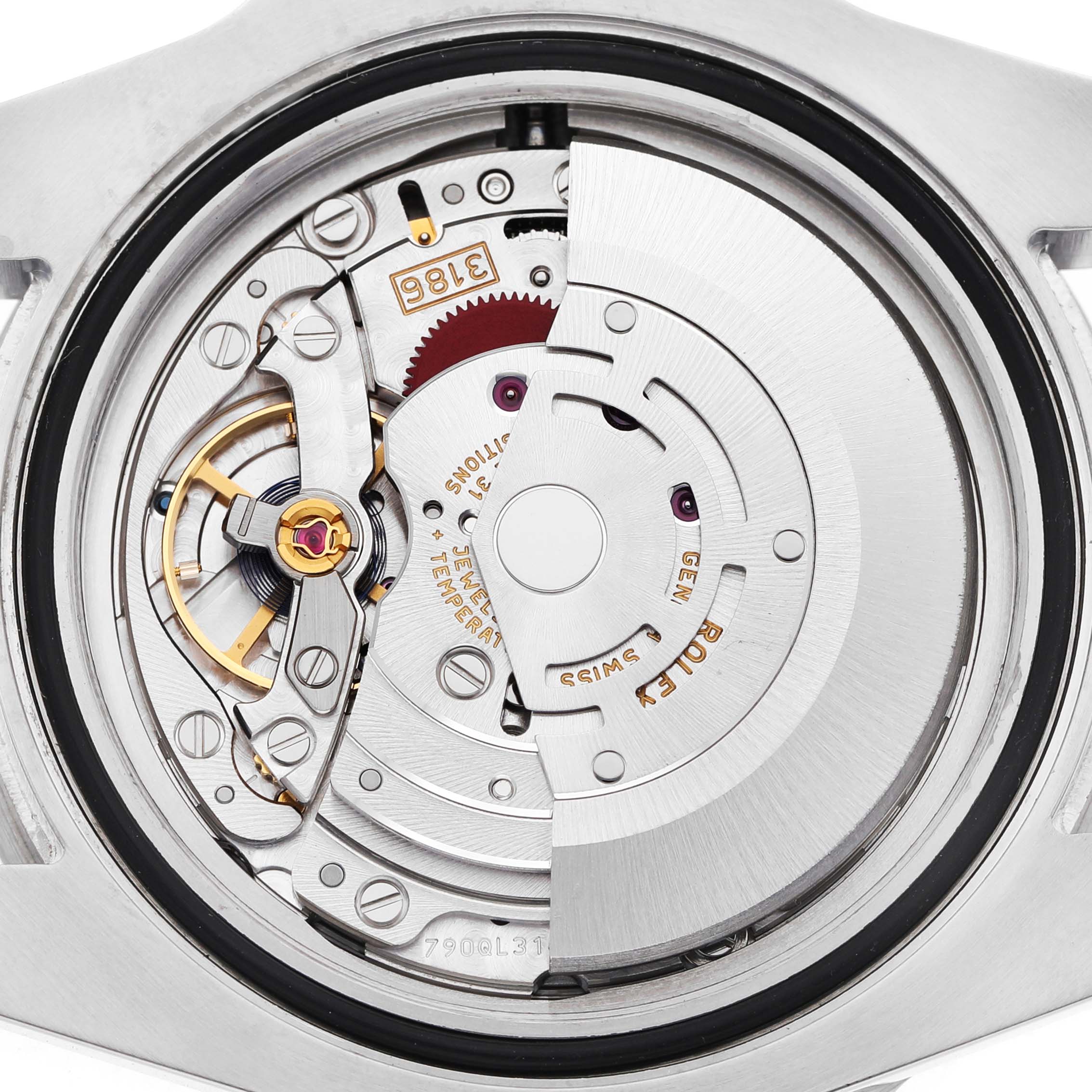 The image shows the case back of a Rolex GMT-Master 116710BLNR Men's Stainless Steel Black Dial, revealing its automatic movement and rotor mechanism.