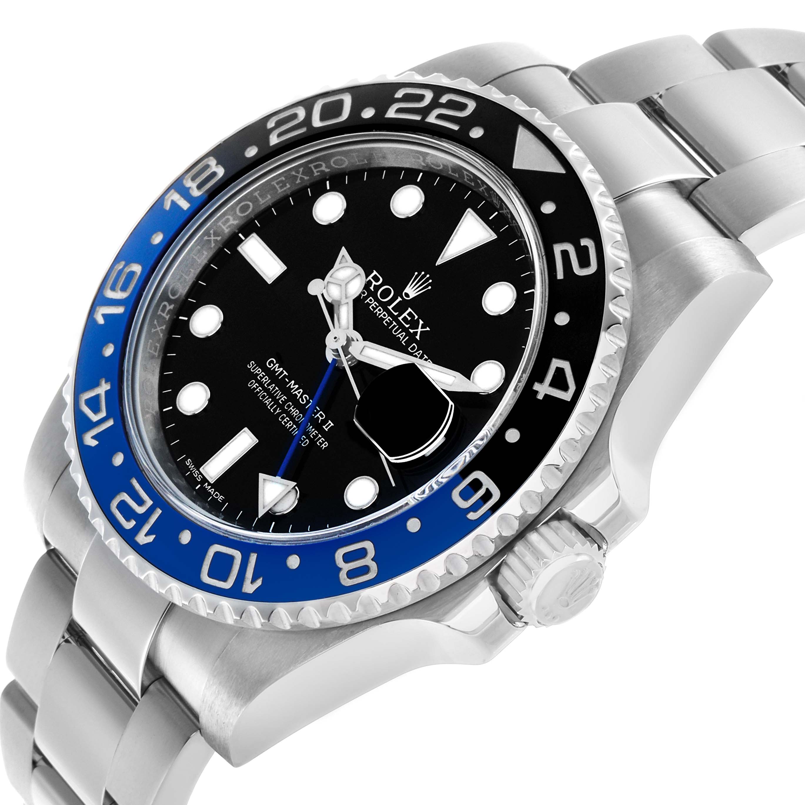 The Rolex GMT-Master 116710BLNR Men's Stainless Steel Black Dial watch is shown from a side angle, highlighting its bezel, dial, crown, and bracelet.