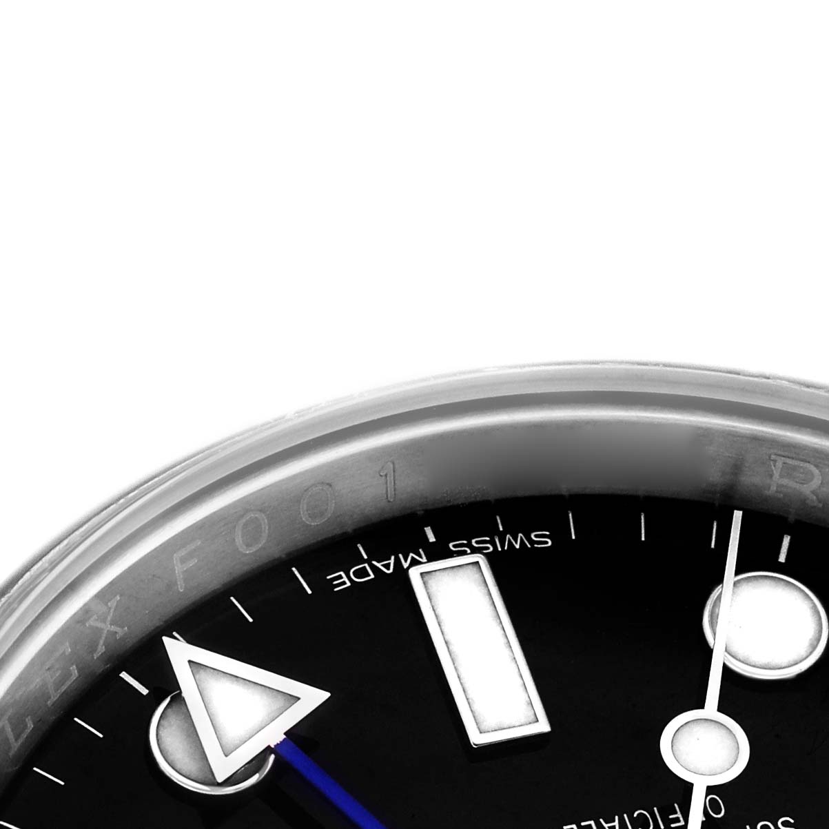 The image shows a close-up of the dial, hour markers, and bezel edge of a Rolex GMT-Master 116710BLNR Men's Stainless Steel Black Dial watch.