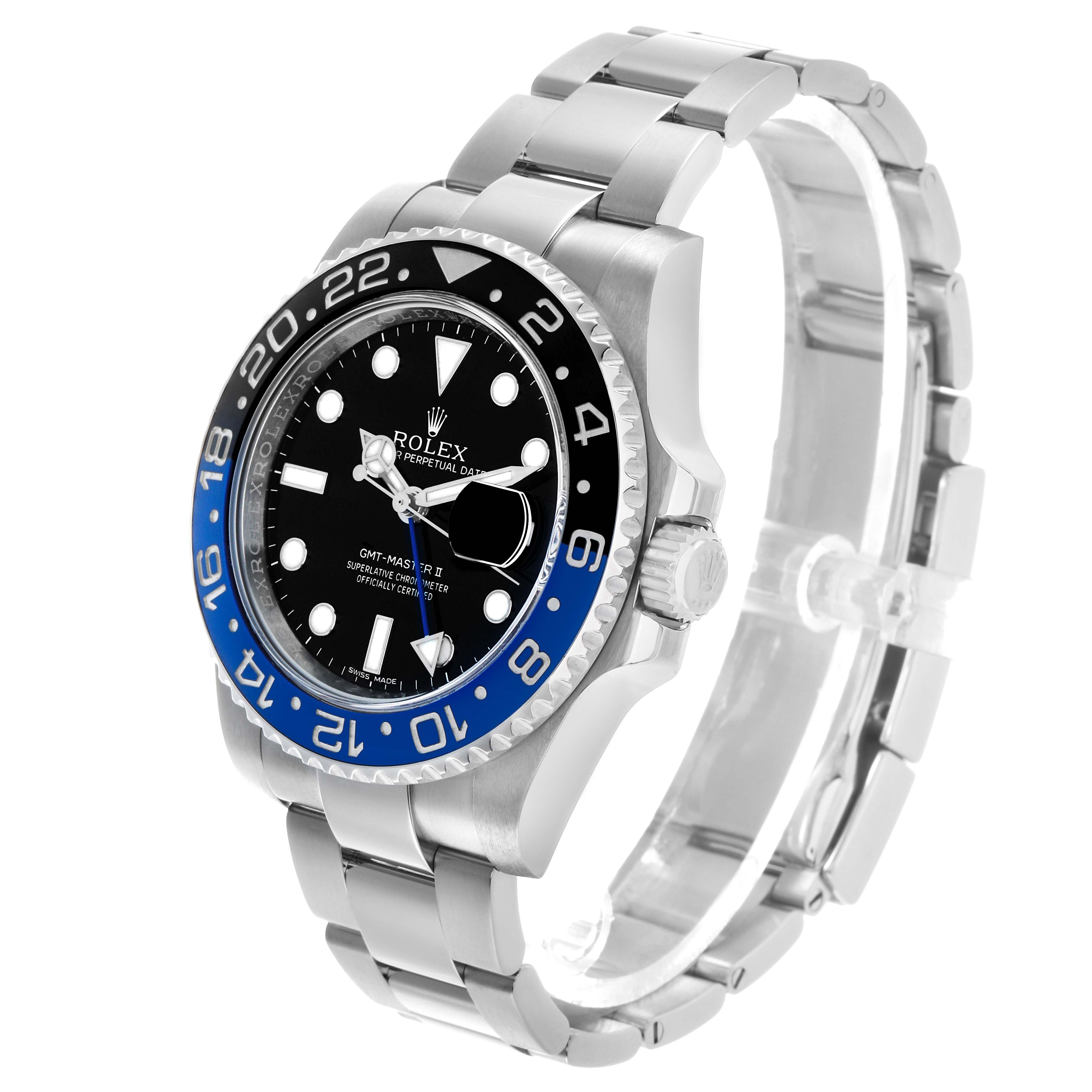 The Rolex GMT-Master 116710BLNR Men's Stainless Steel Black Dial watch is shown at a 3/4 angle, highlighting the face, bezel, crown, and bracelet.