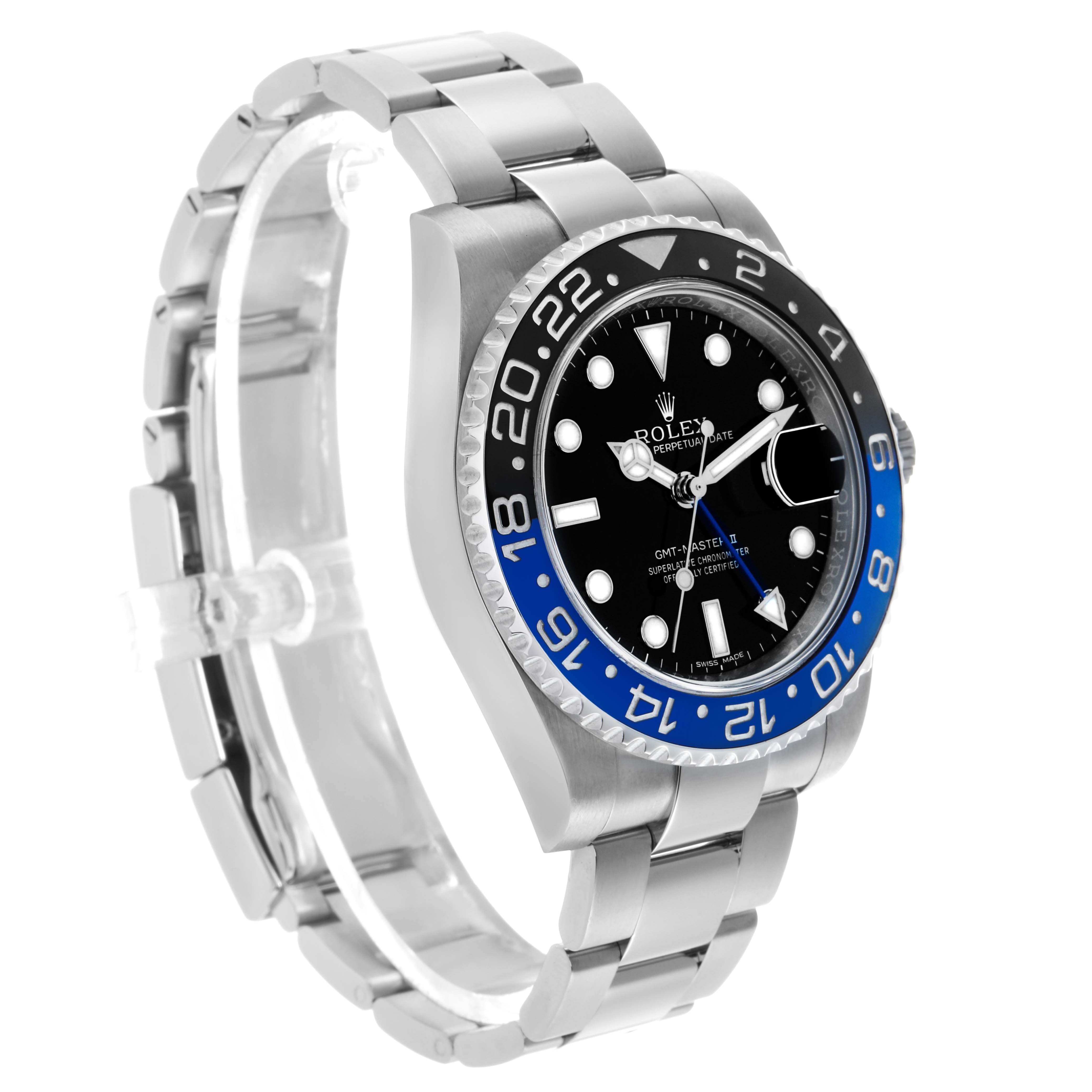 This image shows a side angle of the Rolex GMT-Master 116710BLNR Men's Stainless Steel Black Dial model, featuring the bezel, face, and bracelet.