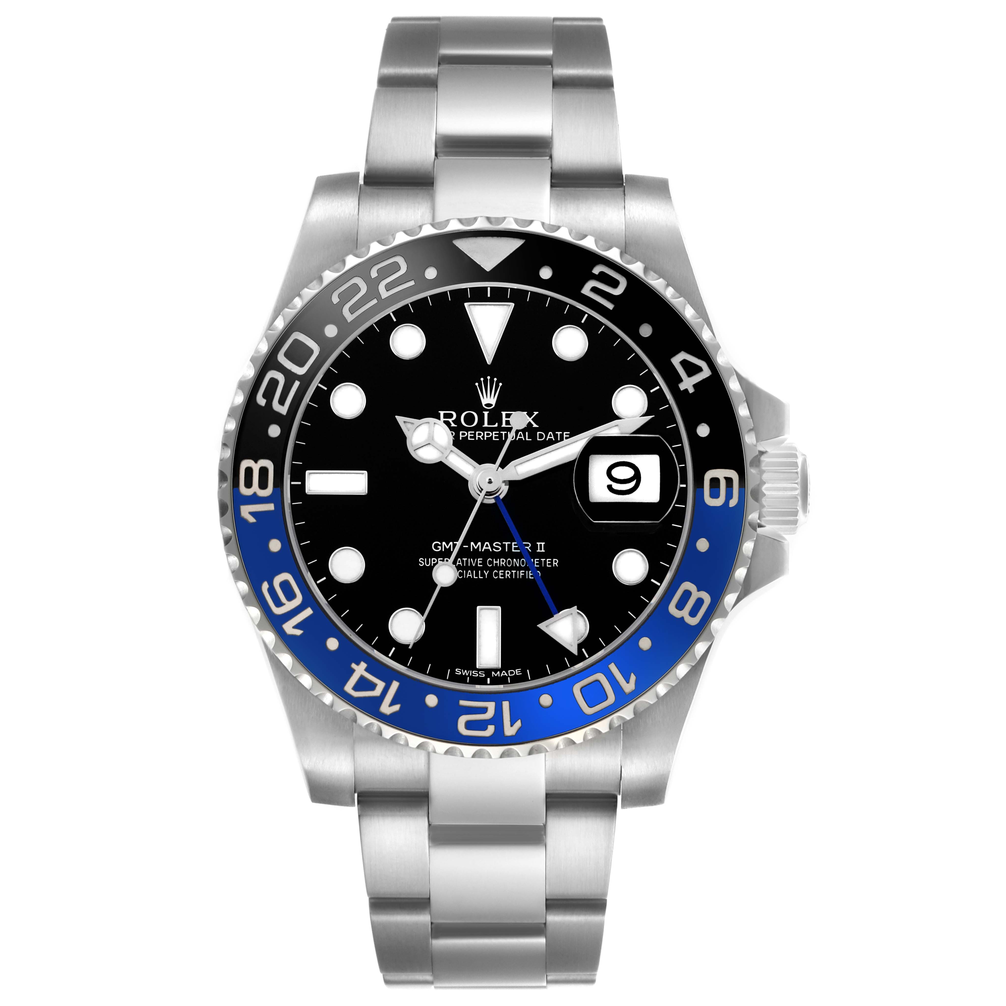 The Rolex GMT-Master 116710BLNR Men's Stainless Steel Black Dial watch is shown from a front angle, displaying the bezel, dial, hands, date, and bracelet.