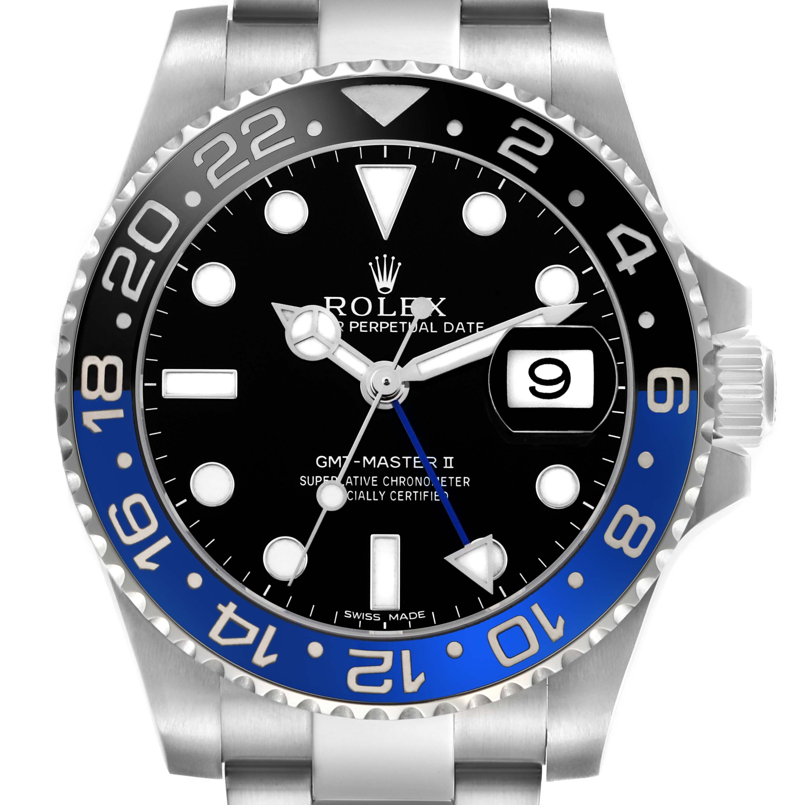The Rolex GMT-Master 116710BLNR Men's Stainless Steel Black Dial watch is shown from the front, displaying its bezel, dial, hands, and date window.