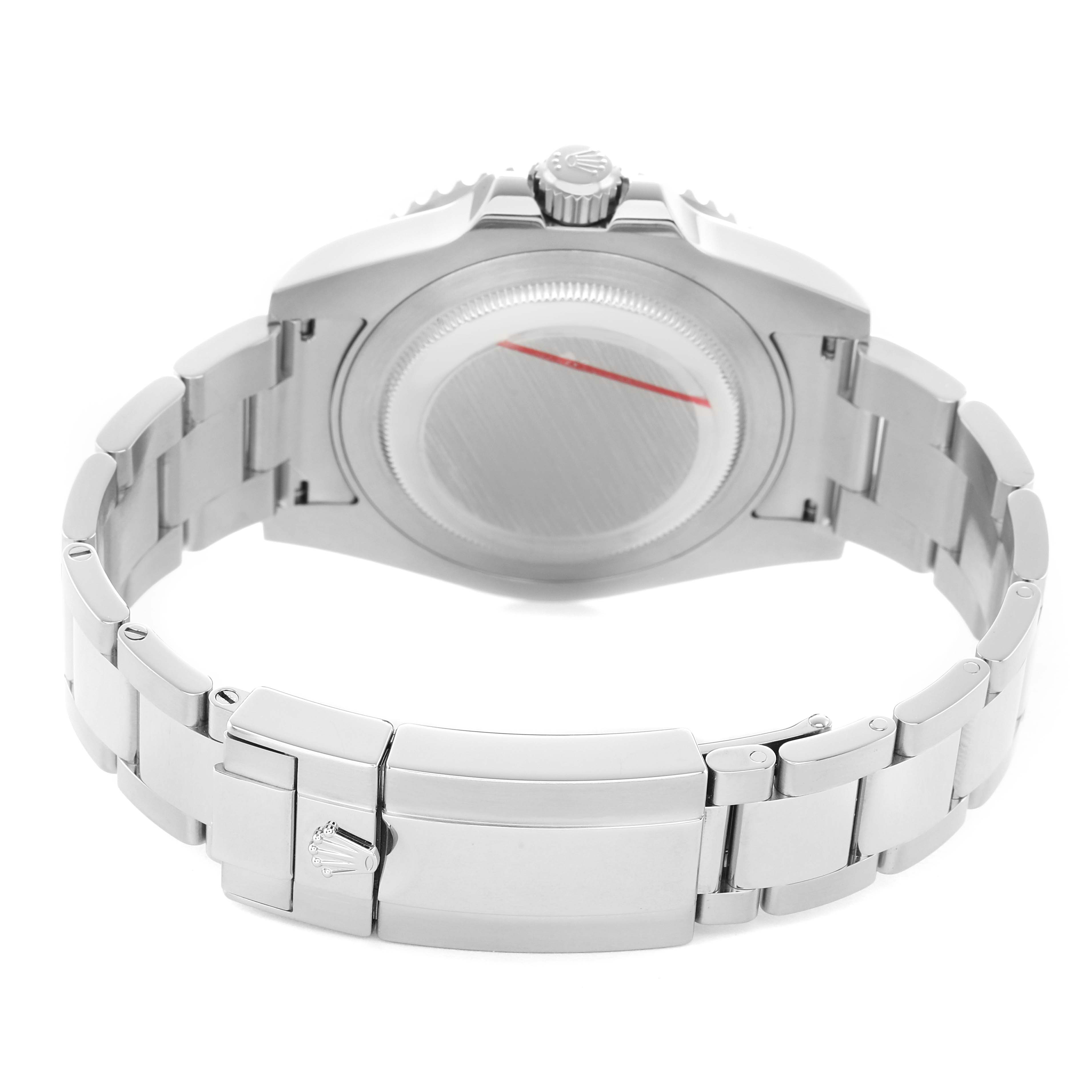 The image shows the back and bracelet of a Rolex GMT-Master 116710BLNR Men's Stainless Steel Black Dial watch, highlighting the clasp and case back.