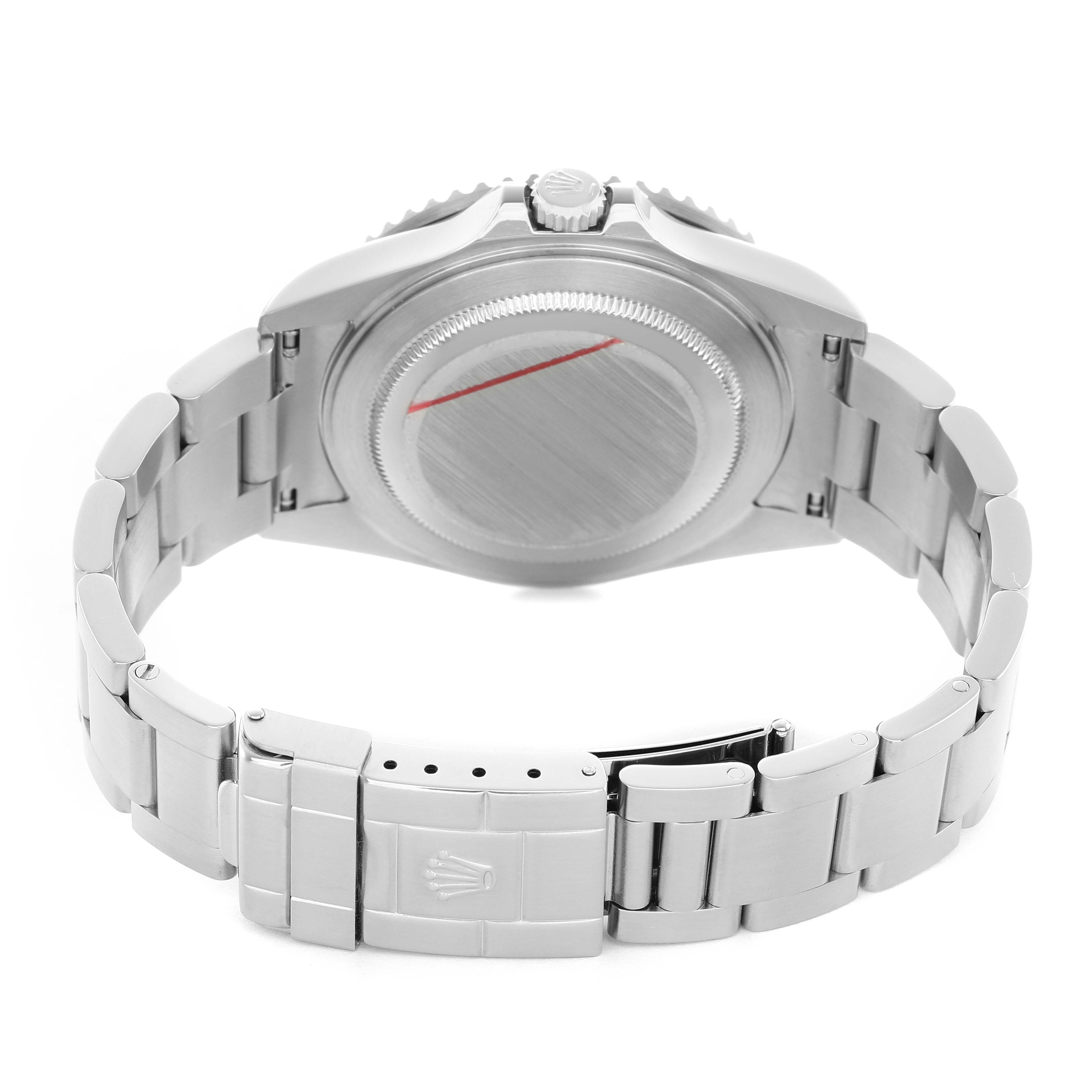 The image shows the back case and bracelet clasp of a Rolex GMT-Master 16710 Men's Stainless Steel Black Dial watch, viewed from the rear angle.