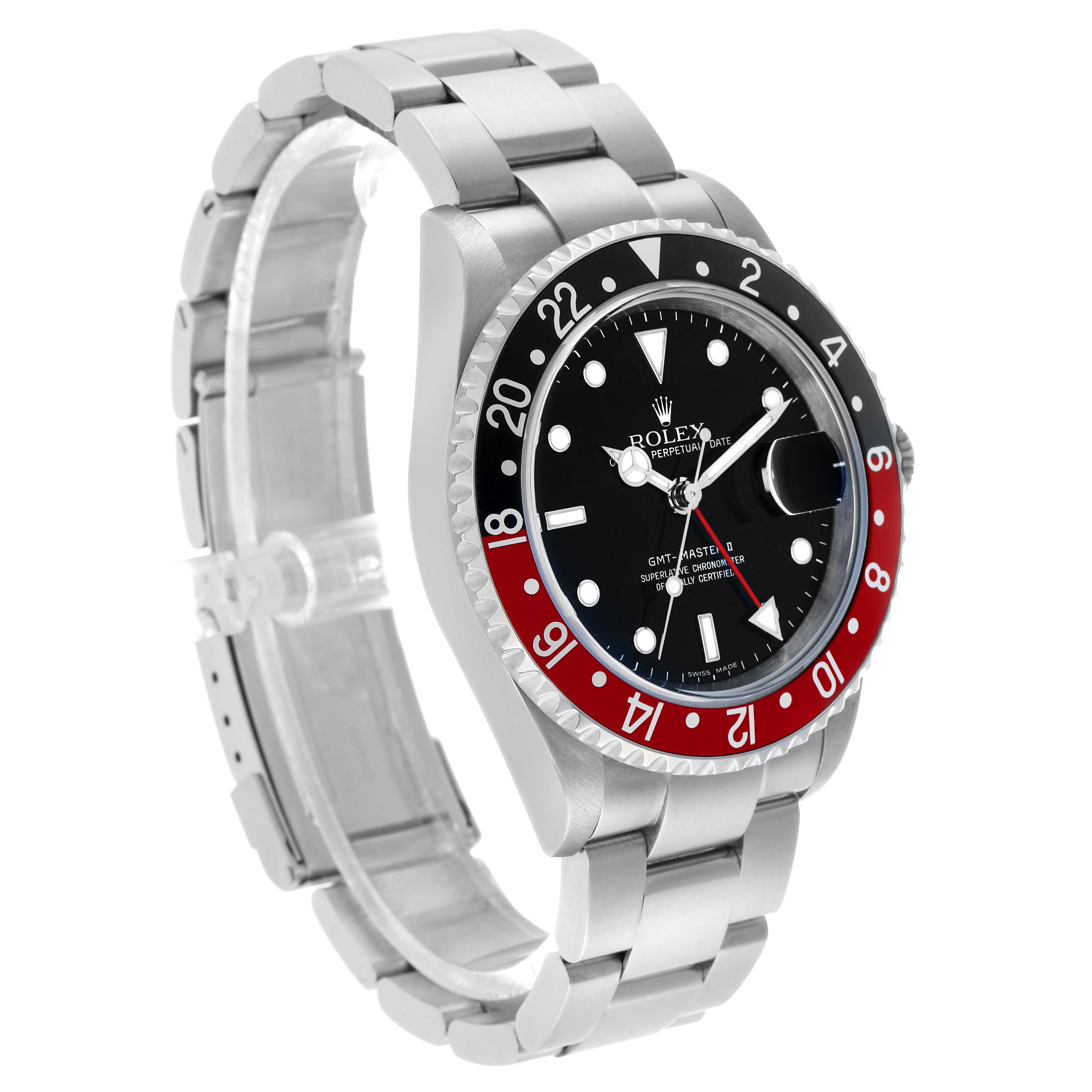 The Rolex GMT-Master 16710 Men's Stainless Steel Black Dial watch is shown at a three-quarter angle, displaying the bezel, dial, and metal bracelet.