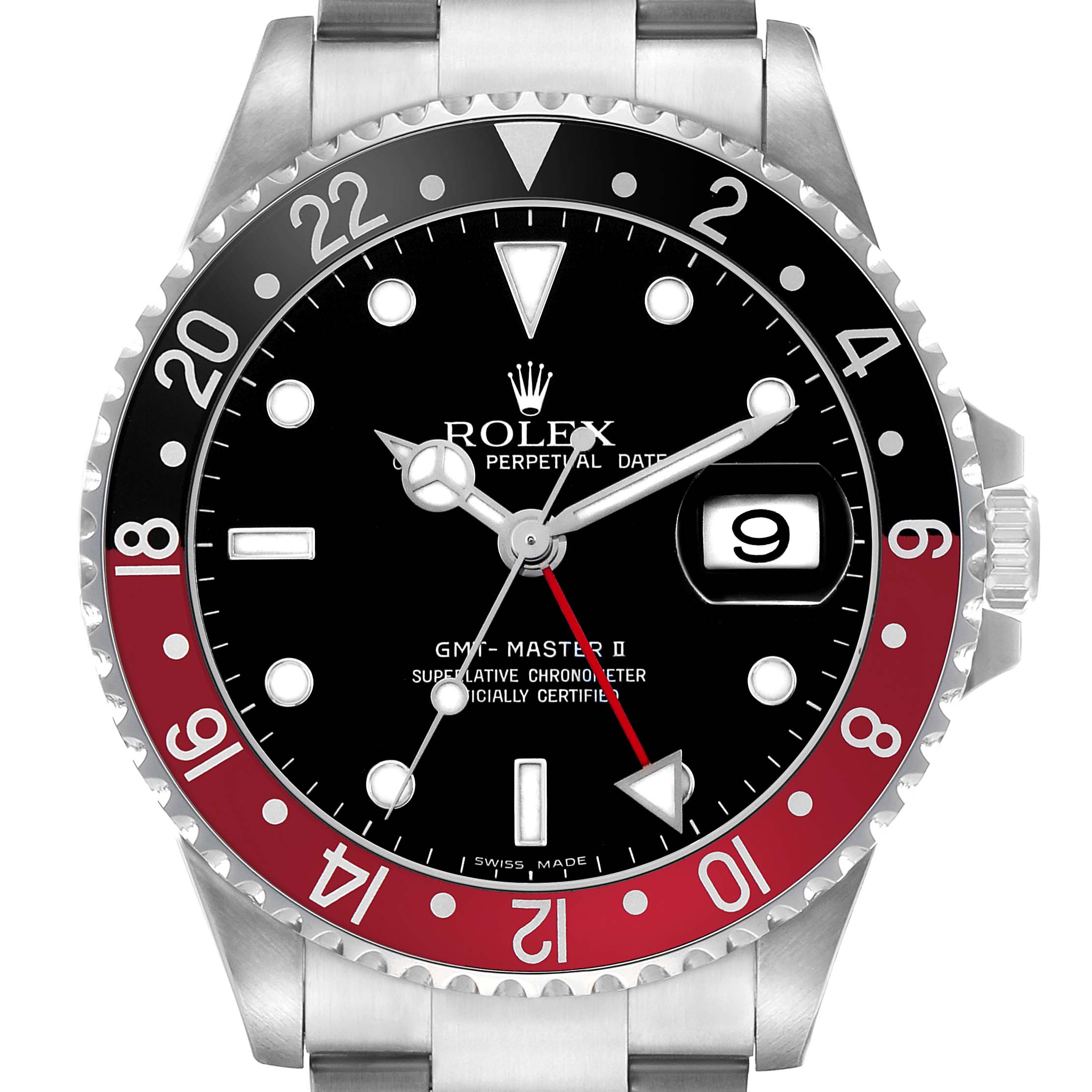 The Rolex GMT-Master 16710 Men's Stainless Steel Black Dial watch face is shown directly, displaying the dial, hands, and bezel with part of the bracelet visible.