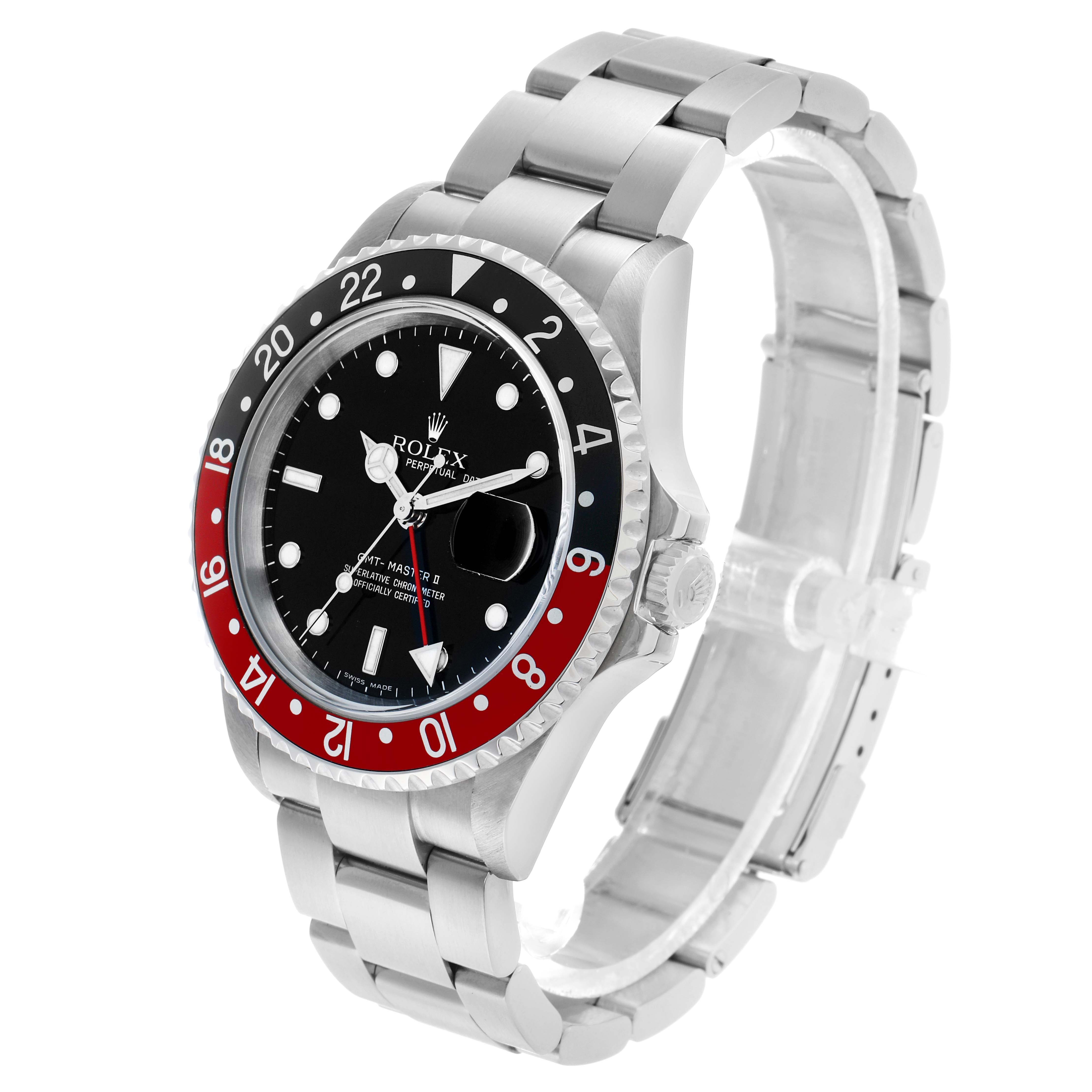 The Rolex GMT-Master 16710 Men's Stainless Steel Black Dial watch is shown at a three-quarter angle, highlighting the bezel, dial, and bracelet.