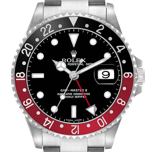 The Rolex GMT-Master 16710 Men's Stainless Steel Black Dial watch is shown from a front angle, highlighting the face, bezel, and partially visible bracelet.