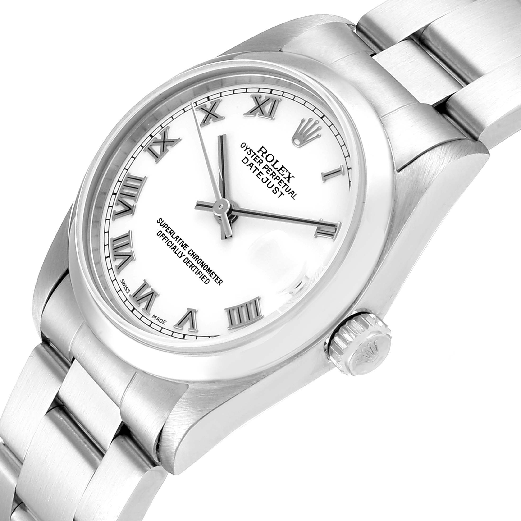 The Rolex Mid-Size 78240 Women
s Stainless Steel White Dial 78240 Women
s Stainless Steel White Dial watch is shown at a slight angle, focusing on the dial, crown, and part of the bracelet.