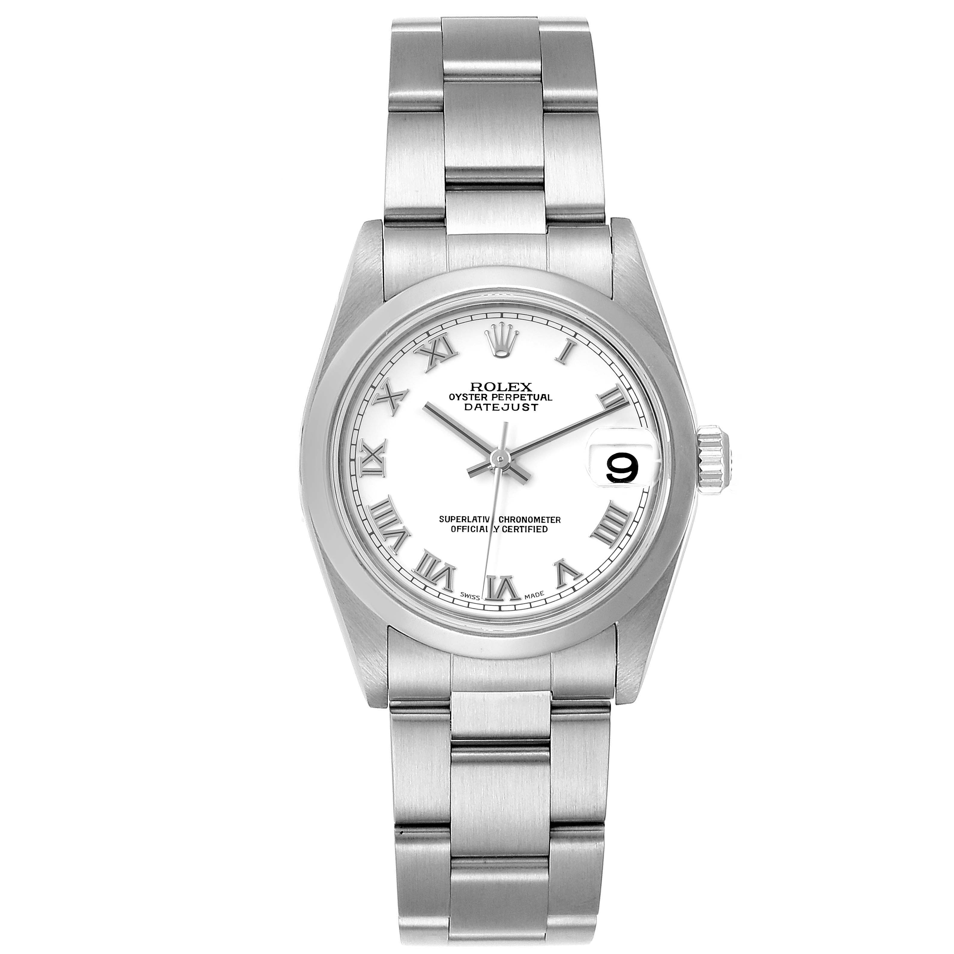 This image shows a Rolex Mid-Size 78240 Women
s Stainless Steel White Dial 78240 Women
s Stainless Steel White Dial Oyster Perpetual Datejust watch, displaying the front view of the dial, hands, and bracelet.