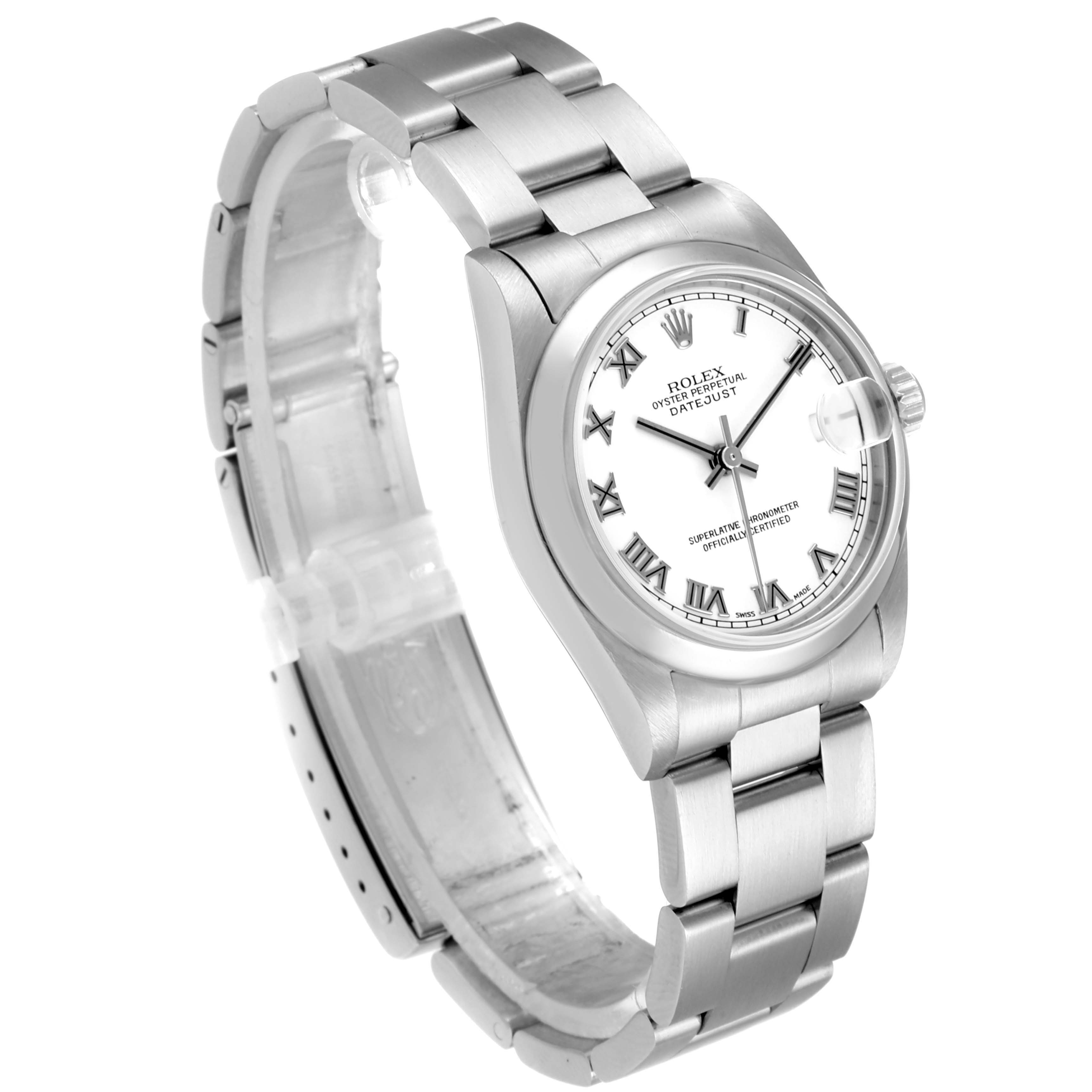 The image shows a Rolex Mid-Size 78240 Women
s Stainless Steel White Dial 78240 Women
s Stainless Steel White Dial Oyster Perpetual Datejust watch from a front and slightly angled view, highlighting its dial and bracelet.