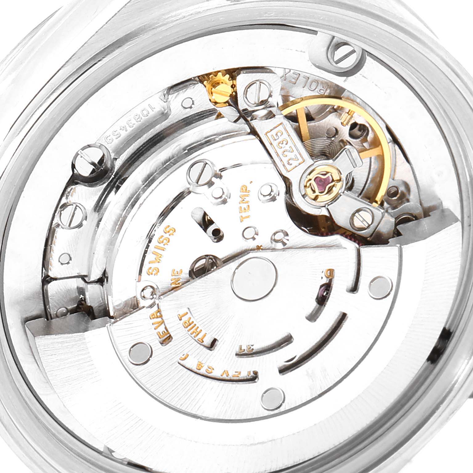 This image shows the internal mechanism of a Rolex Mid-Size 78240 Women
s Stainless Steel White Dial 78240 Women
s Stainless Steel White Dial watch from a close-up, showcasing the movement components.