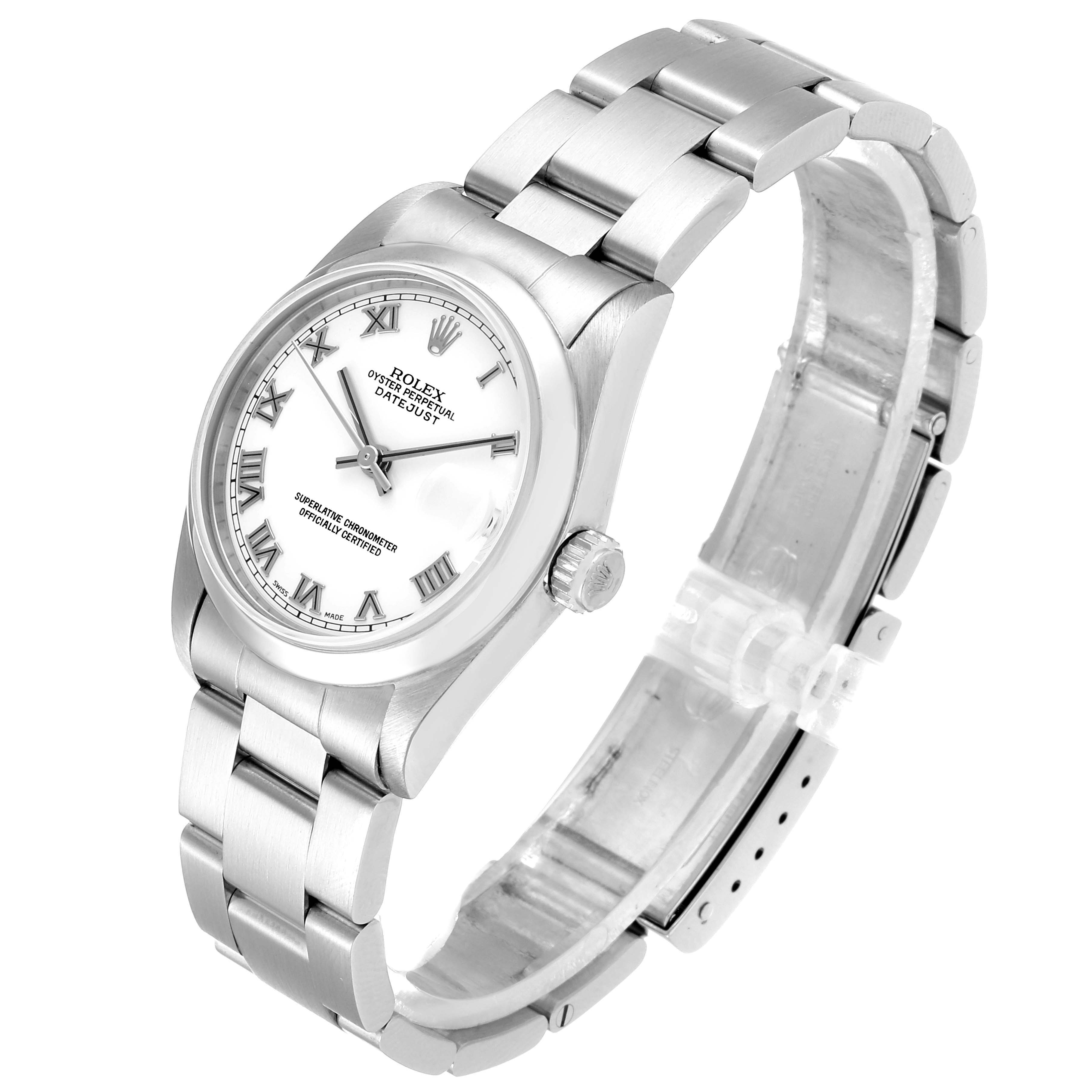 The image shows a Rolex Mid-Size 78240 Women
s Stainless Steel White Dial 78240 Women
s Stainless Steel White Dial Datejust watch angled from the front-left, displaying its face, bezel, crown, and bracelet.