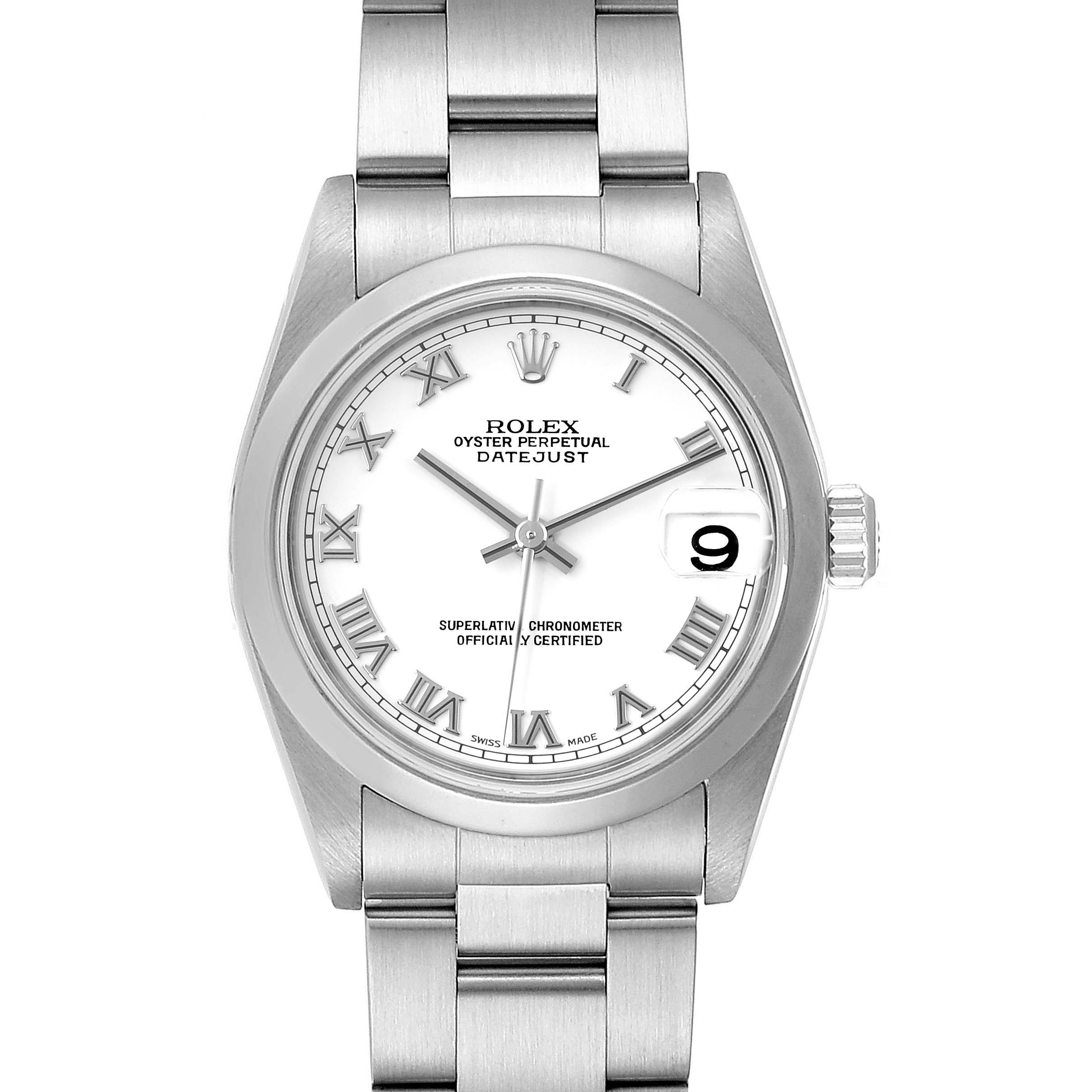 The image shows a front view of a Rolex Oyster Perpetual Datejust Mid-Size watch with a white dial and metal bracelet.