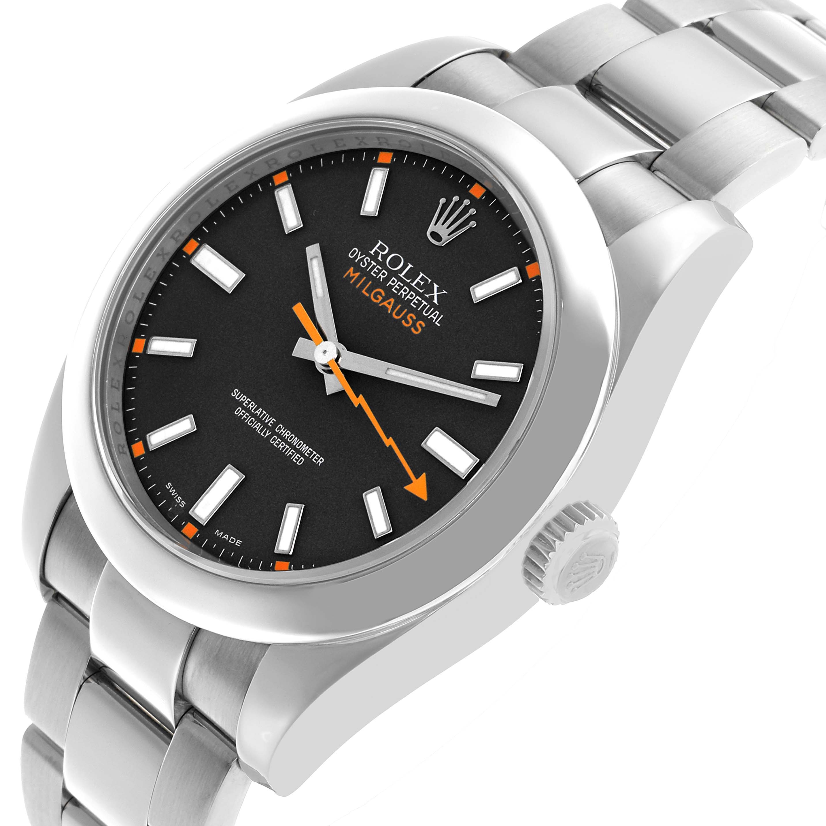 The Rolex Milgauss 116400 Men's Stainless Steel Black Dial watch is shown at an angled view highlighting the dial, hands, bezel, crown, and bracelet.