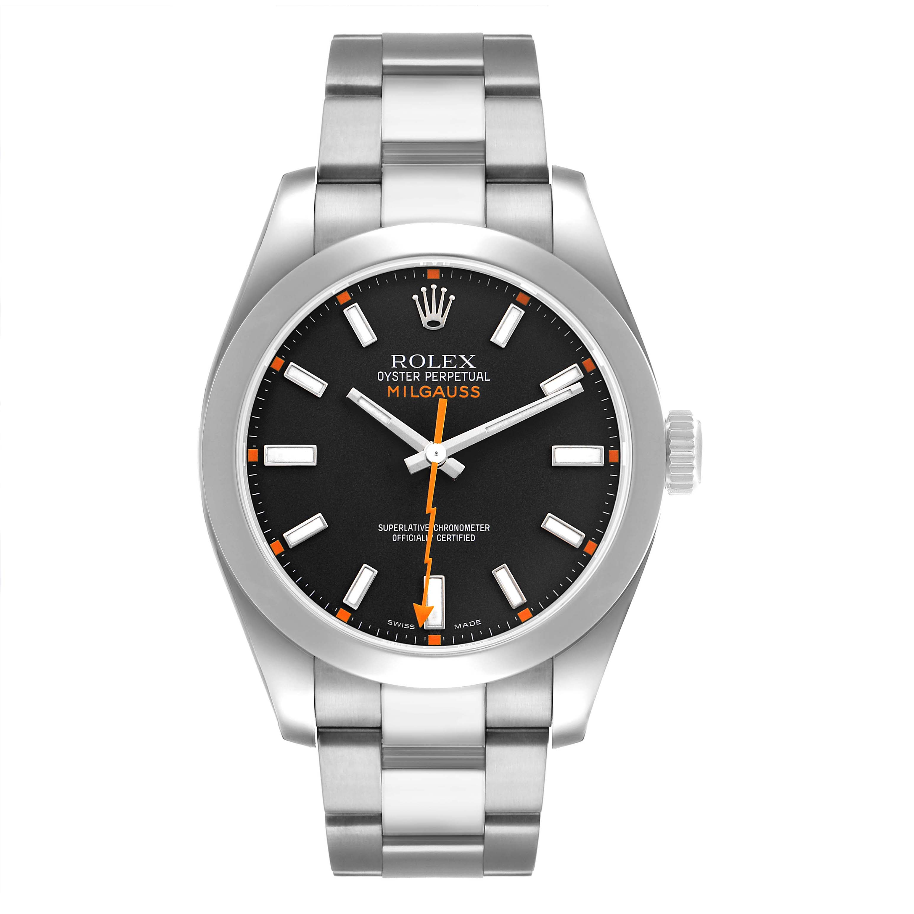 The Rolex Milgauss 116400 Men's Stainless Steel Black Dial watch is shown from the front, displaying its face, bezel, and bracelet.