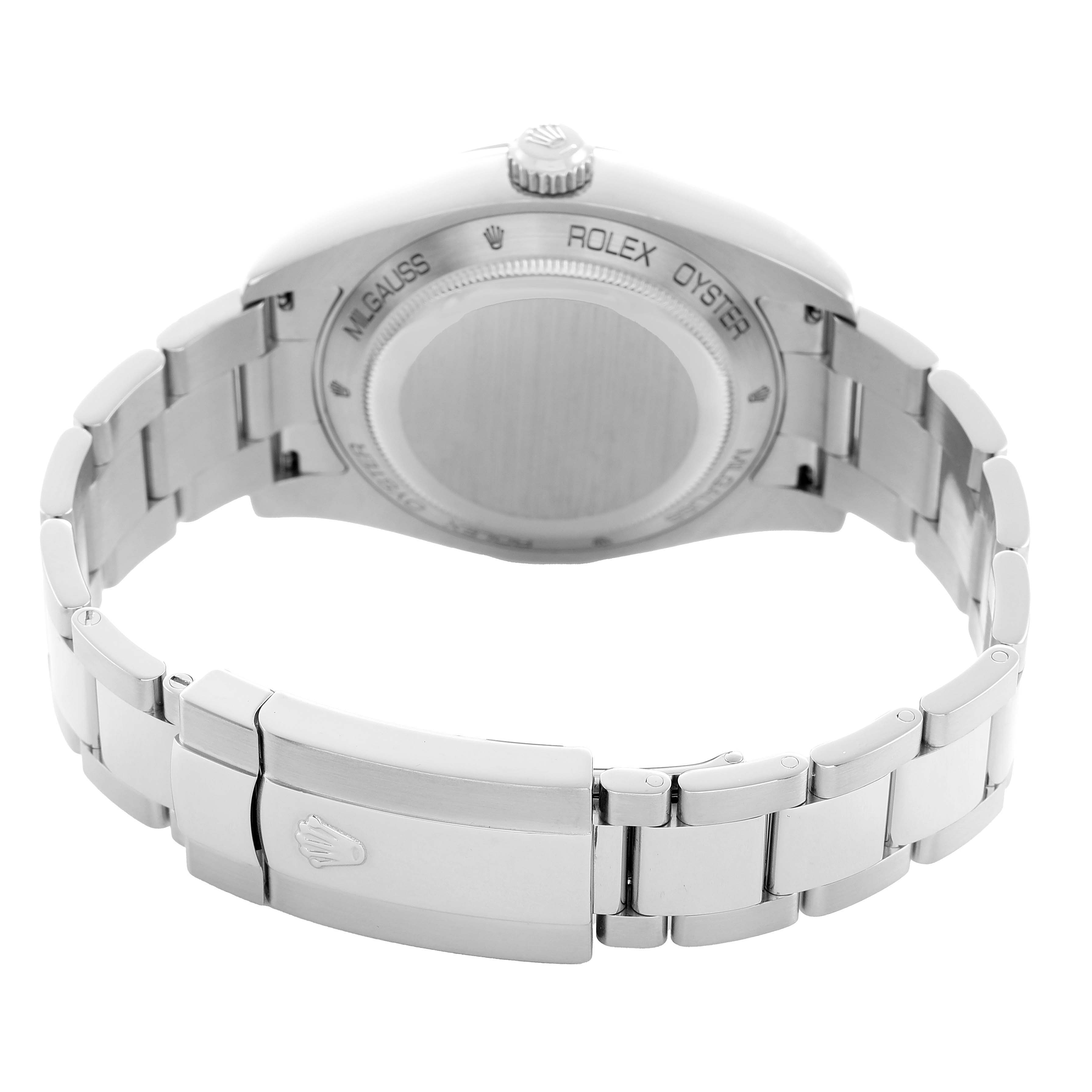 The image shows the back and bracelet of a Rolex Milgauss 116400 Men's Stainless Steel Black Dial watch, focusing on the clasp and case back.