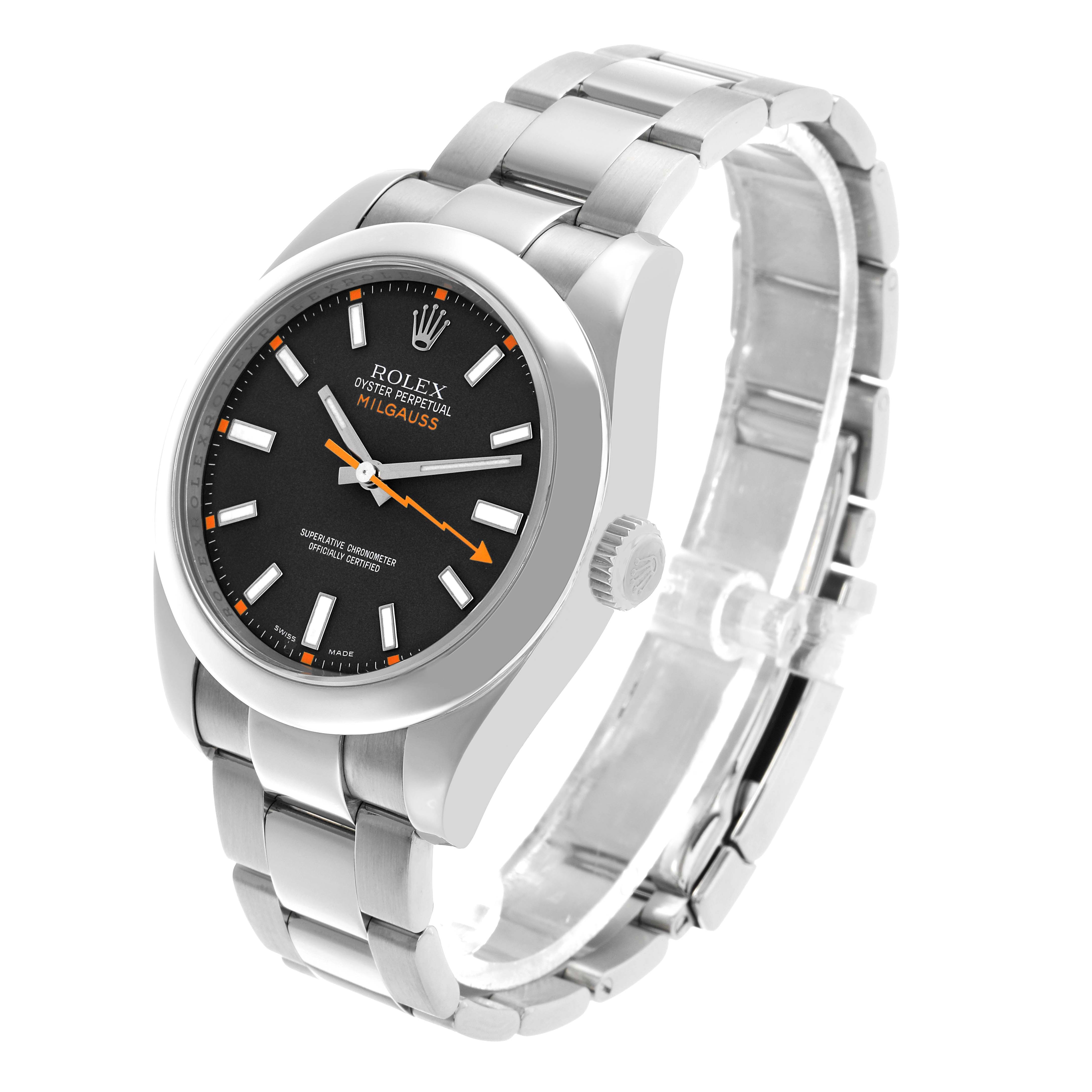 The Rolex Milgauss 116400 Men's Stainless Steel Black Dial watch is shown at a three-quarter angle, highlighting the face, bezel, and bracelet.
