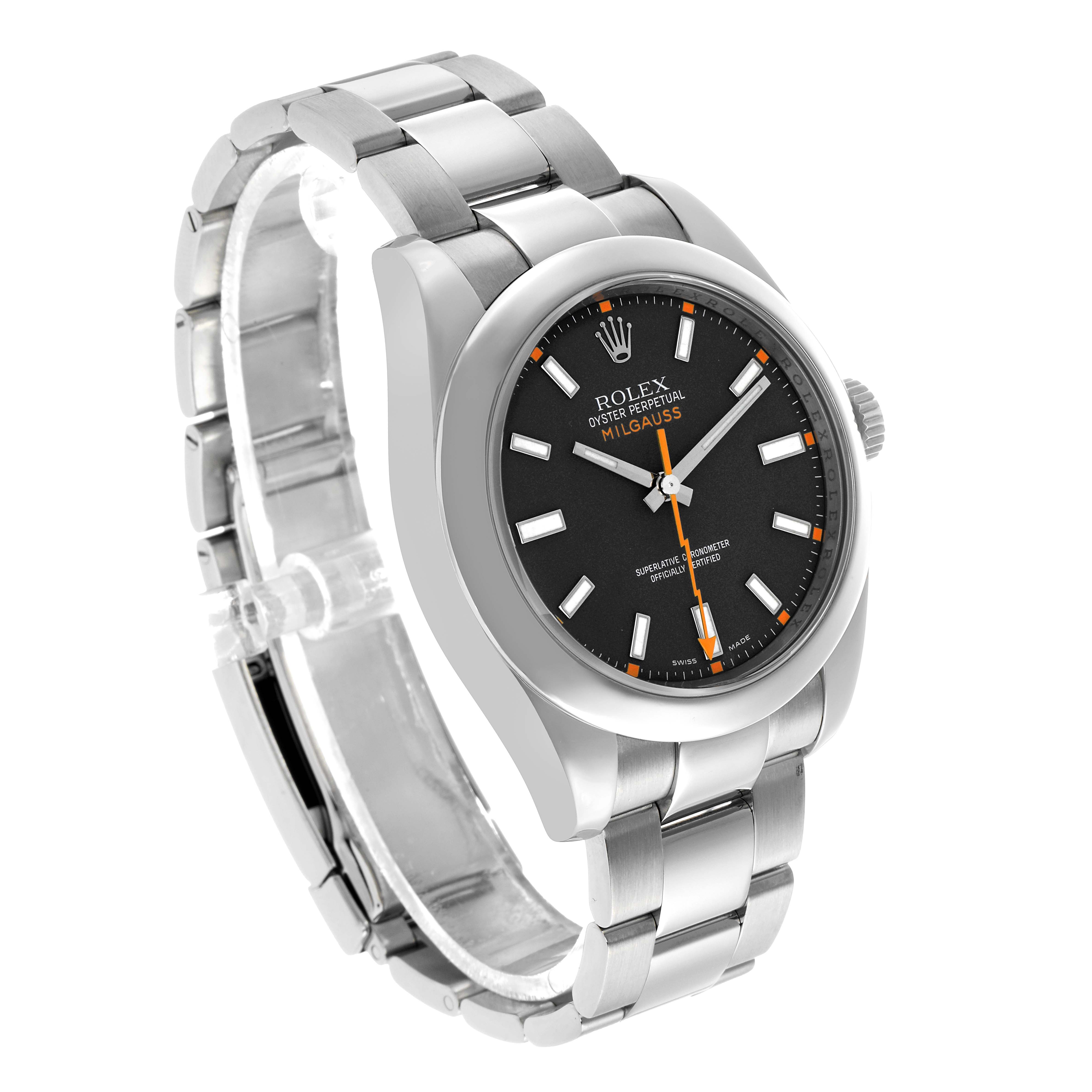 The Rolex Milgauss 116400 Men's Stainless Steel Black Dial watch is shown at a three-quarter angle, displaying the face, bezel, crown, and bracelet.