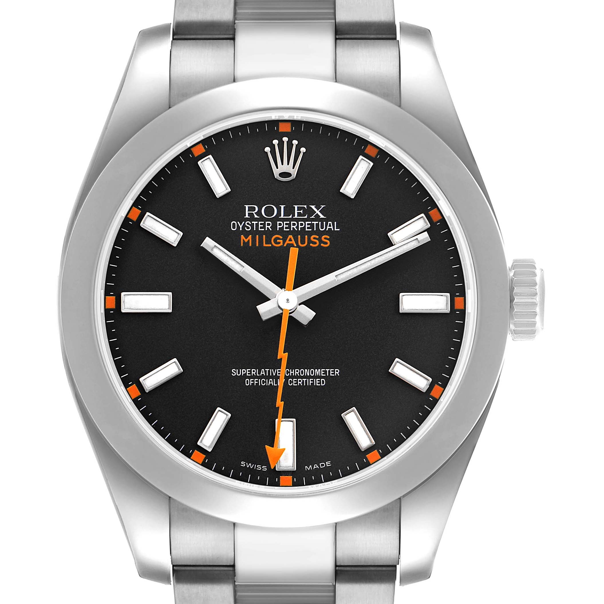 The Rolex Milgauss 116400 Men's Stainless Steel Black Dial watch is shown from the front, highlighting the dial, hands, and bezel.