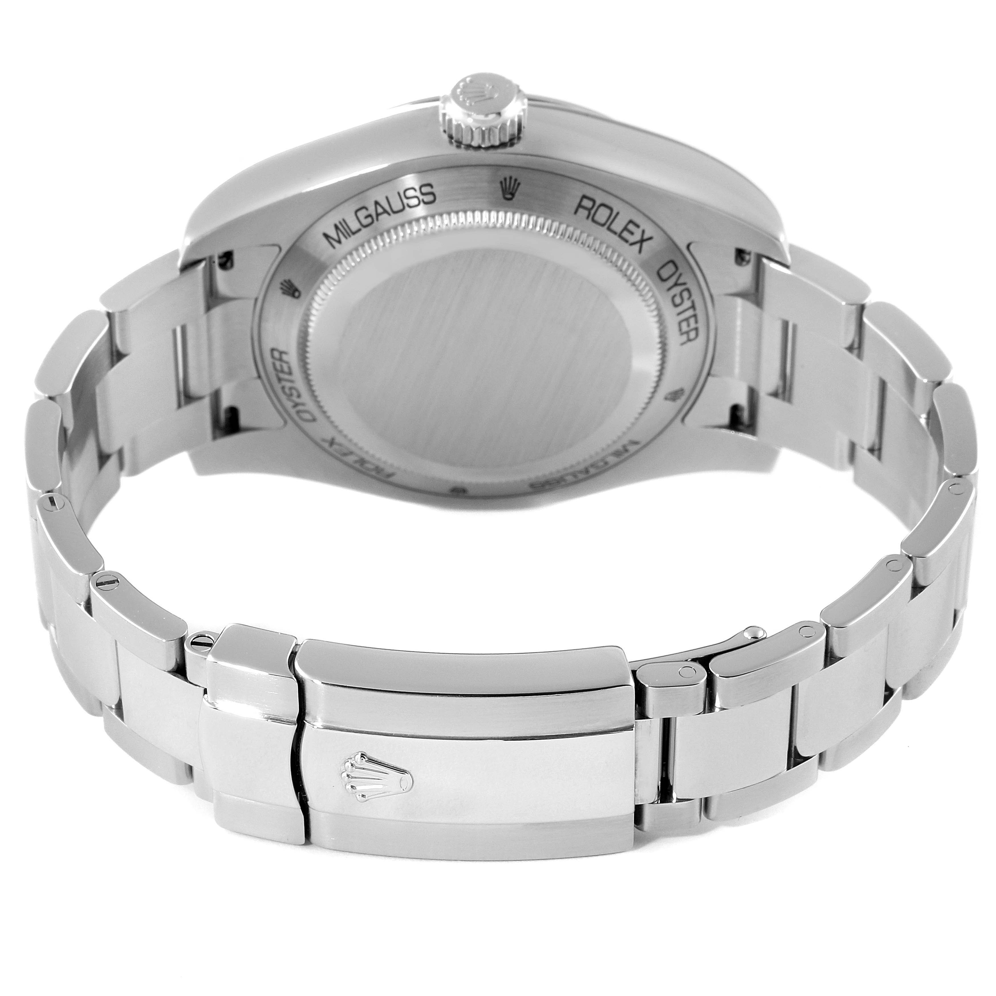 This image shows the back and clasp of a Rolex Milgauss 116400V Men
s Stainless Steel Black Dial 116400V Men
s Stainless Steel Black Dial watch, displaying its stainless steel bracelet and case back.