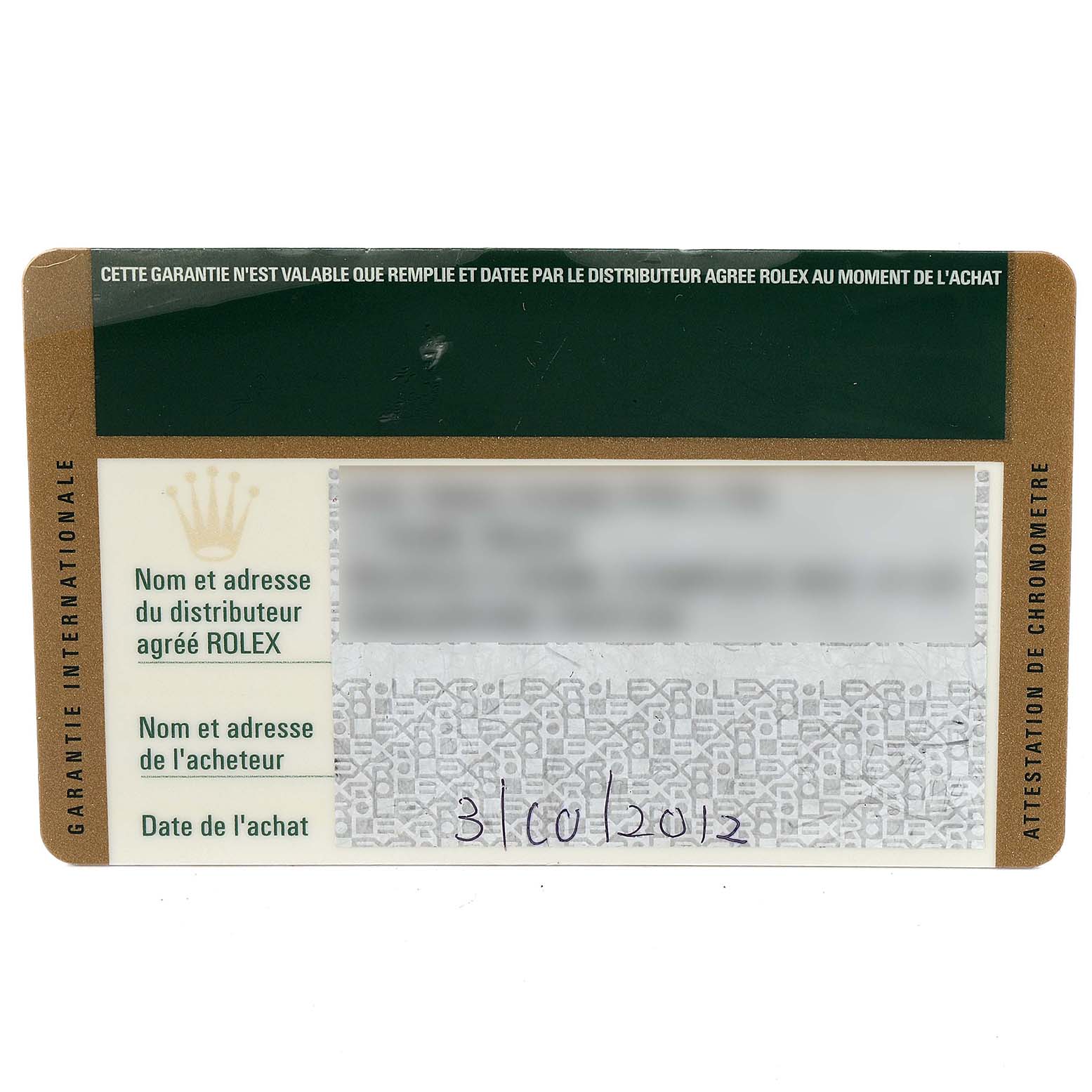 This image shows a warranty card for the Rolex Milgauss 116400V Men
s Stainless Steel Black Dial 116400V Men
s Stainless Steel Black Dial watch, featuring details of the authorized dealer, purchaser, and purchase date.