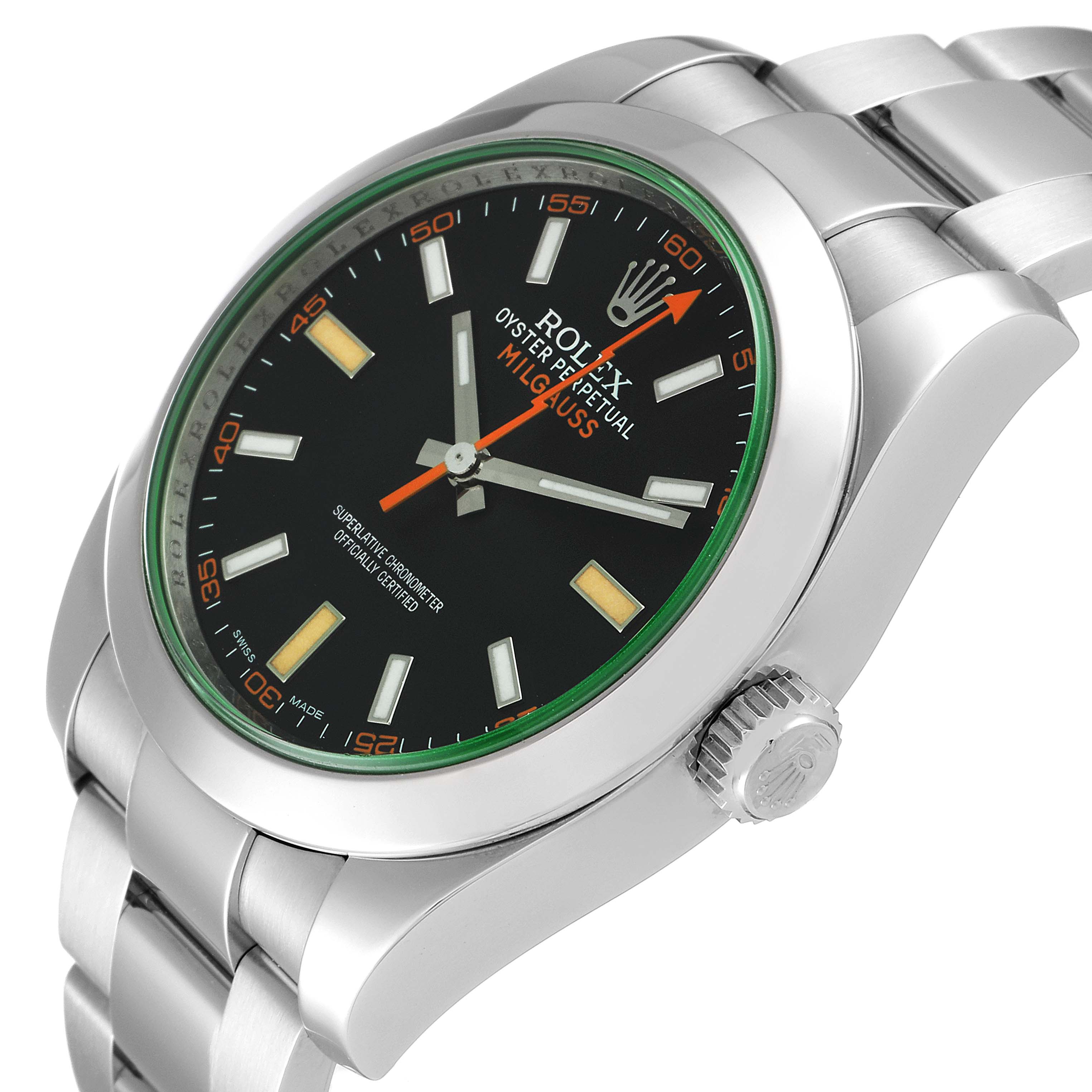 The Rolex Milgauss 116400V Men
s Stainless Steel Black Dial 116400V Men
s Stainless Steel Black Dial watch is shown at a slight angle, displaying the dial, crown, and metal bracelet.