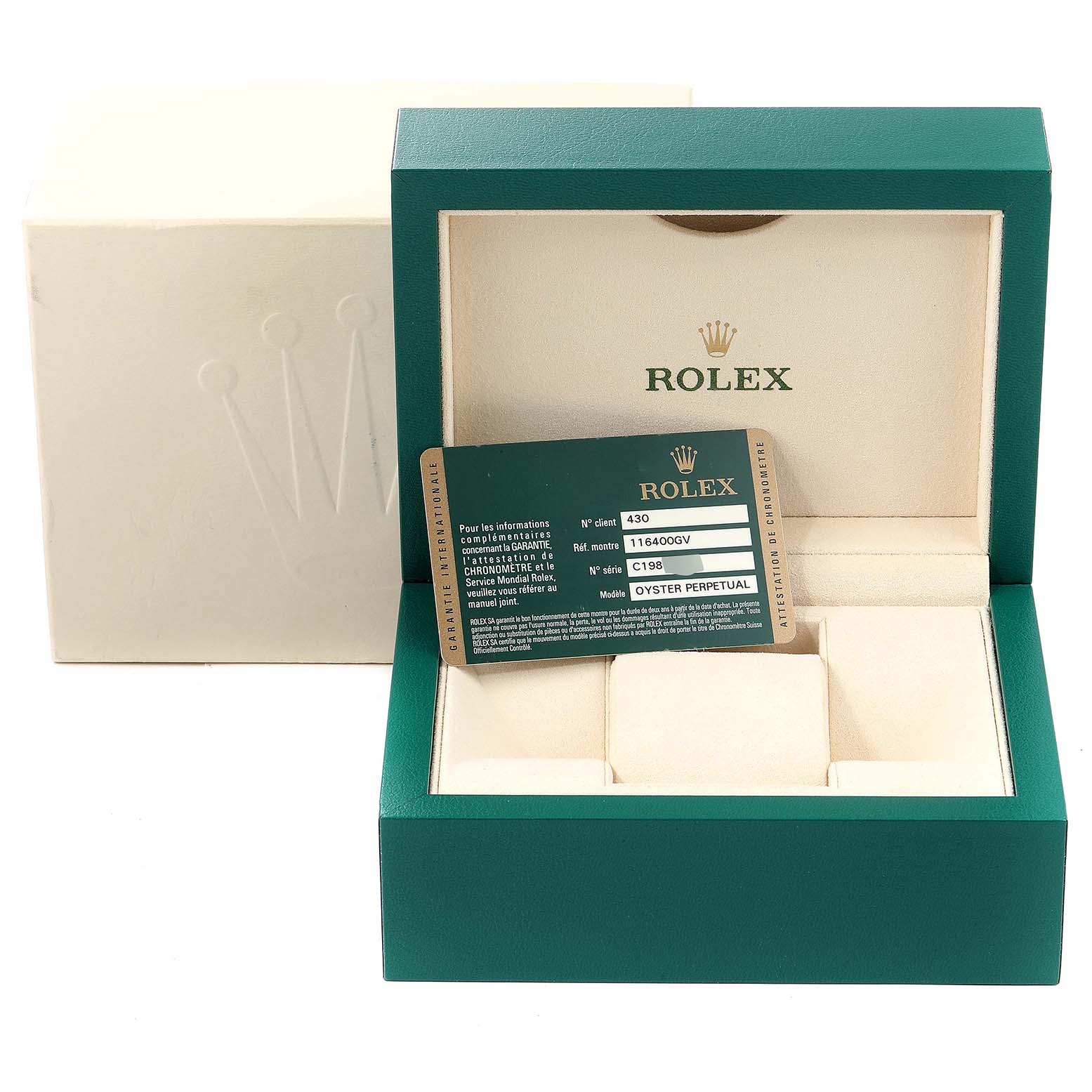 The image shows a Rolex Milgauss 116400V Men
s Stainless Steel Black Dial 116400V Men
s Stainless Steel Black Dial watch box and certificate card at an angle with the lid open, displaying the interior branding.