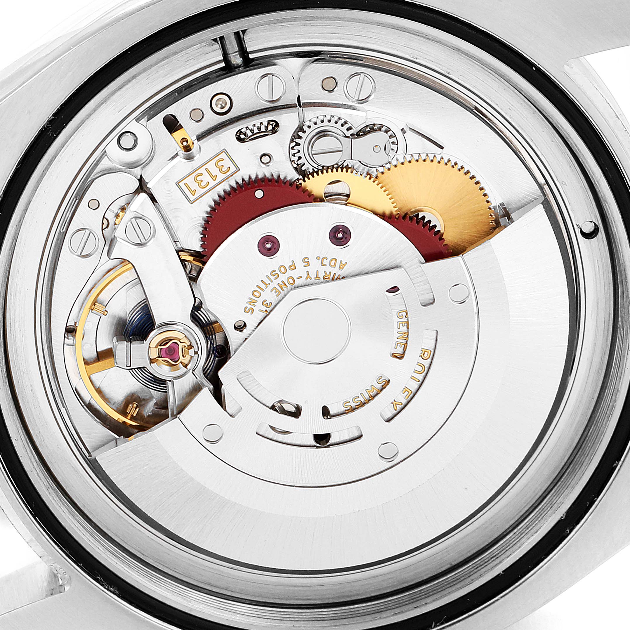 The image shows the internal movement and components of a Rolex Milgauss 116400V Men
s Stainless Steel Black Dial 116400V Men
s Stainless Steel Black Dial watch, viewed from the back.