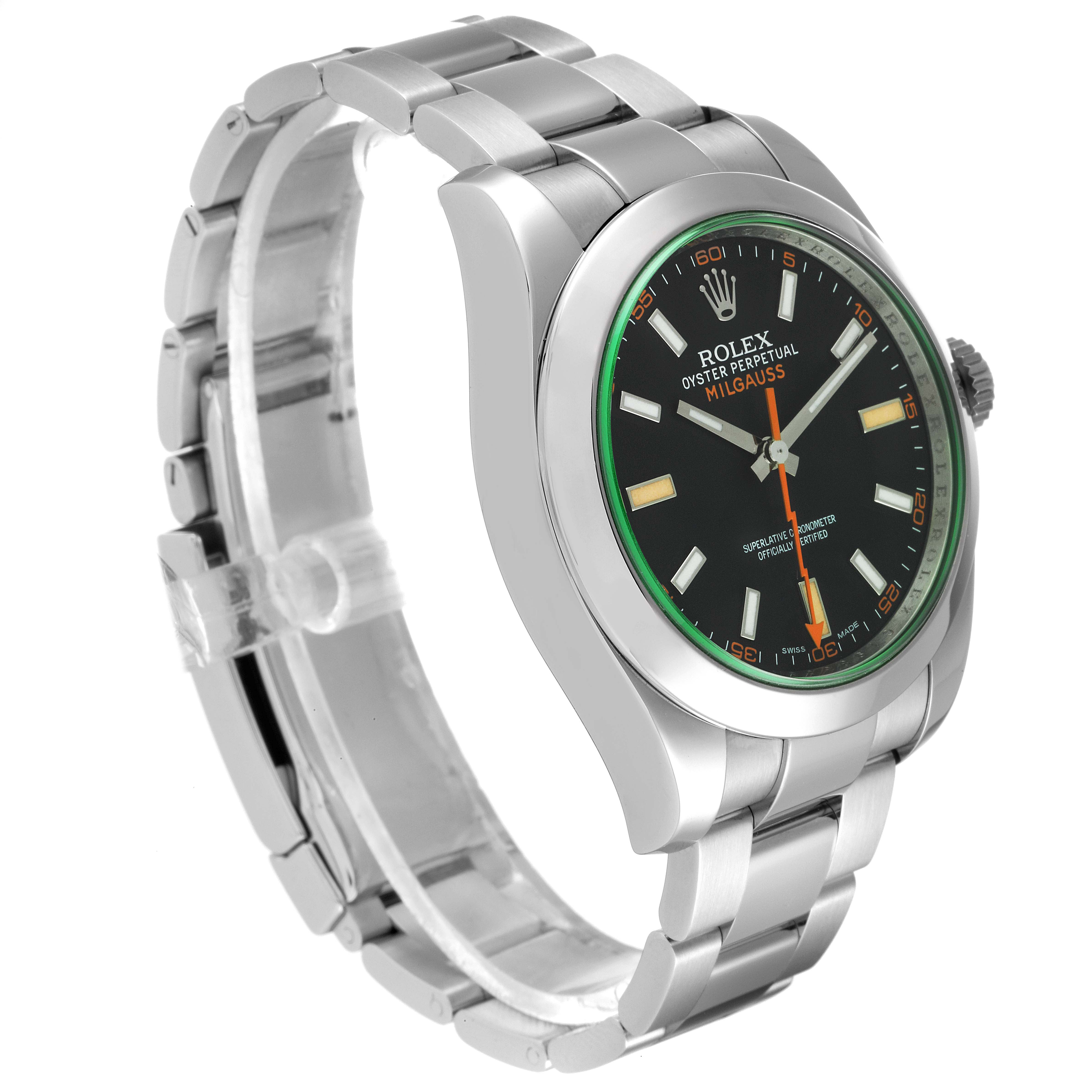 The image shows a side-angle view of a Rolex Milgauss 116400V Men
s Stainless Steel Black Dial 116400V Men
s Stainless Steel Black Dial, focusing on the watch face, bezel, and part of the bracelet.
