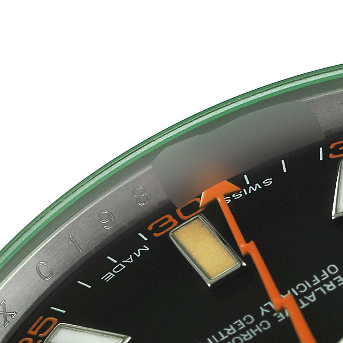 The image shows a close-up of the dial and bezel of a Rolex Milgauss 116400V Men
s Stainless Steel Black Dial 116400V Men
s Stainless Steel Black Dial watch, with an orange seconds hand and luminous hour markers.
