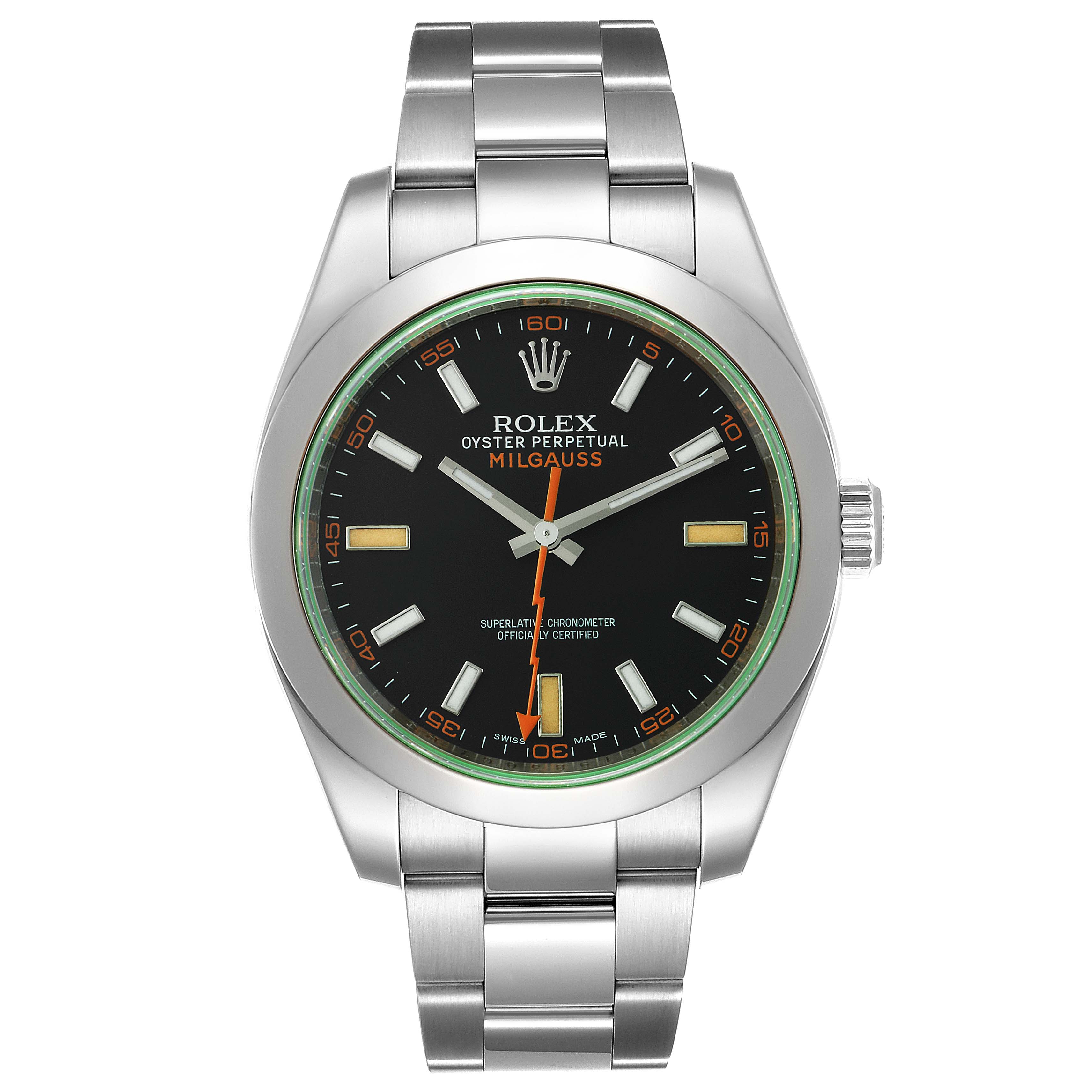The Rolex Milgauss 116400V Men
s Stainless Steel Black Dial 116400V Men
s Stainless Steel Black Dial watch is shown from a front angle, displaying its face, bezel, crown, and band.