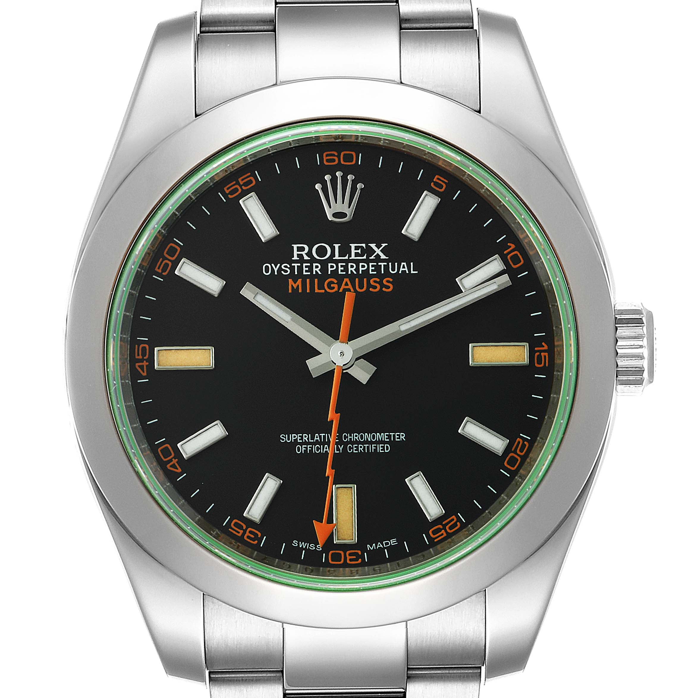 The image shows a front view of a Rolex Milgauss 116400V Men
s Stainless Steel Black Dial 116400V Men
s Stainless Steel Black Dial watch, displaying the dial, bezel, and part of the stainless steel bracelet.