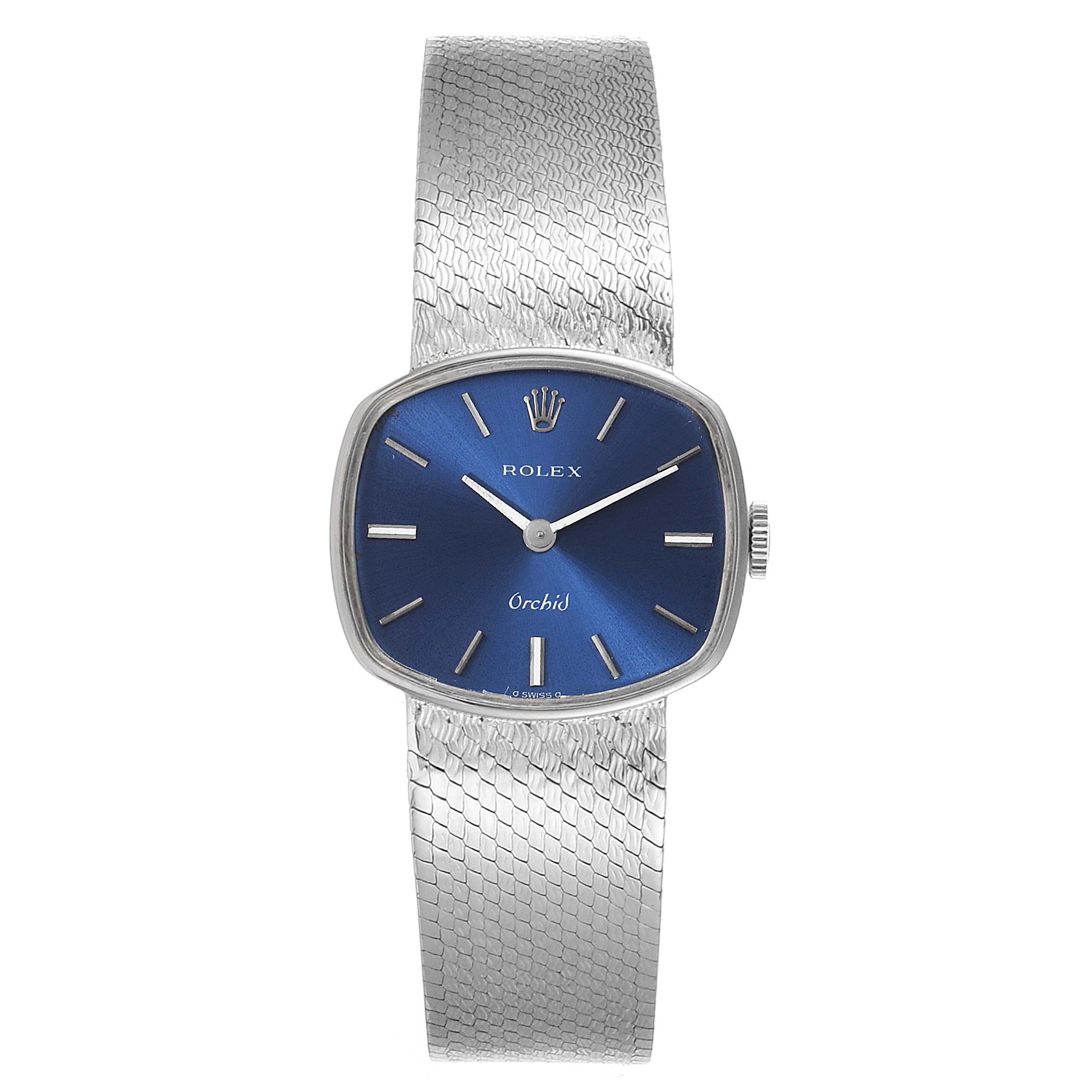 This image shows a front view of the Rolex Cocktail 2673 Women's White Gold Blue Dial 2673 Women's White Gold Blue Dial model watch, displaying the dial, hands, crown, and entire bracelet.