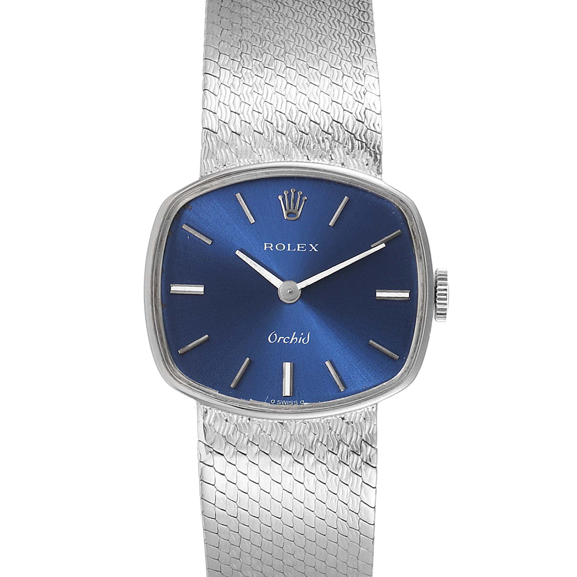The image shows a front view of the Rolex Cocktail 2673 Women's White Gold Blue Dial 2673 Women's White Gold Blue Dial model watch, showcasing its blue dial and silver mesh strap.