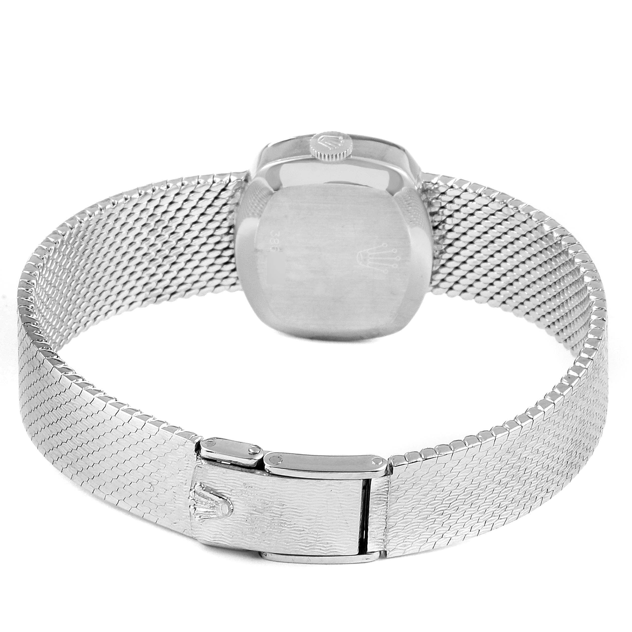 The image shows the back view of a Rolex Cocktail 2673 Women's White Gold Blue Dial 2673 Women's White Gold Blue Dial watch, displaying its clasp, textured bracelet, and case back.